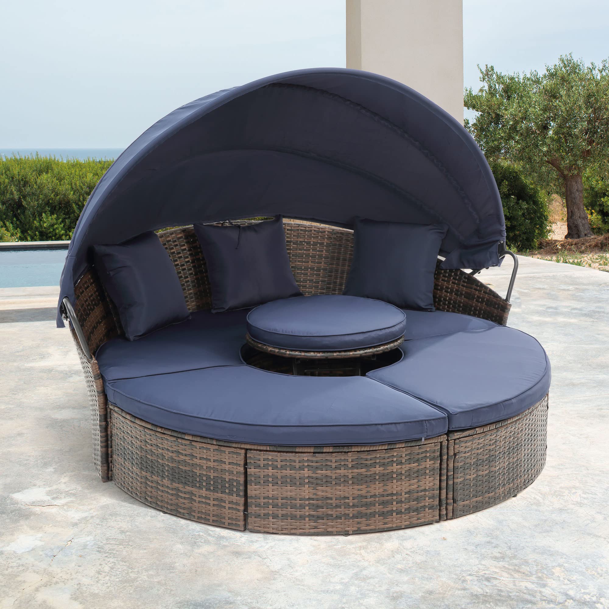 LUMISOL Outdoor Rattan Round Daybed with Canopy, Wicker Outdoor Sofa Bed with Lift Coffee Table, Sun Daybed Lounge for Balcony Garden Backyard Porch Pool, Outdoor Canopy Bed, Navy Blue