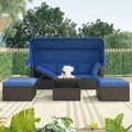 4 Pieces Outdoor Patio Daybed with Canopy, Patio Furniture for Men Blue Rattan with Washable Cushions