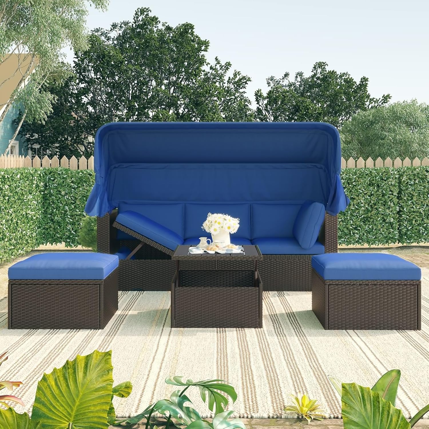 4 Pieces Outdoor Patio Daybed with Canopy, Patio Furniture for Men Blue Rattan with Washable Cushions