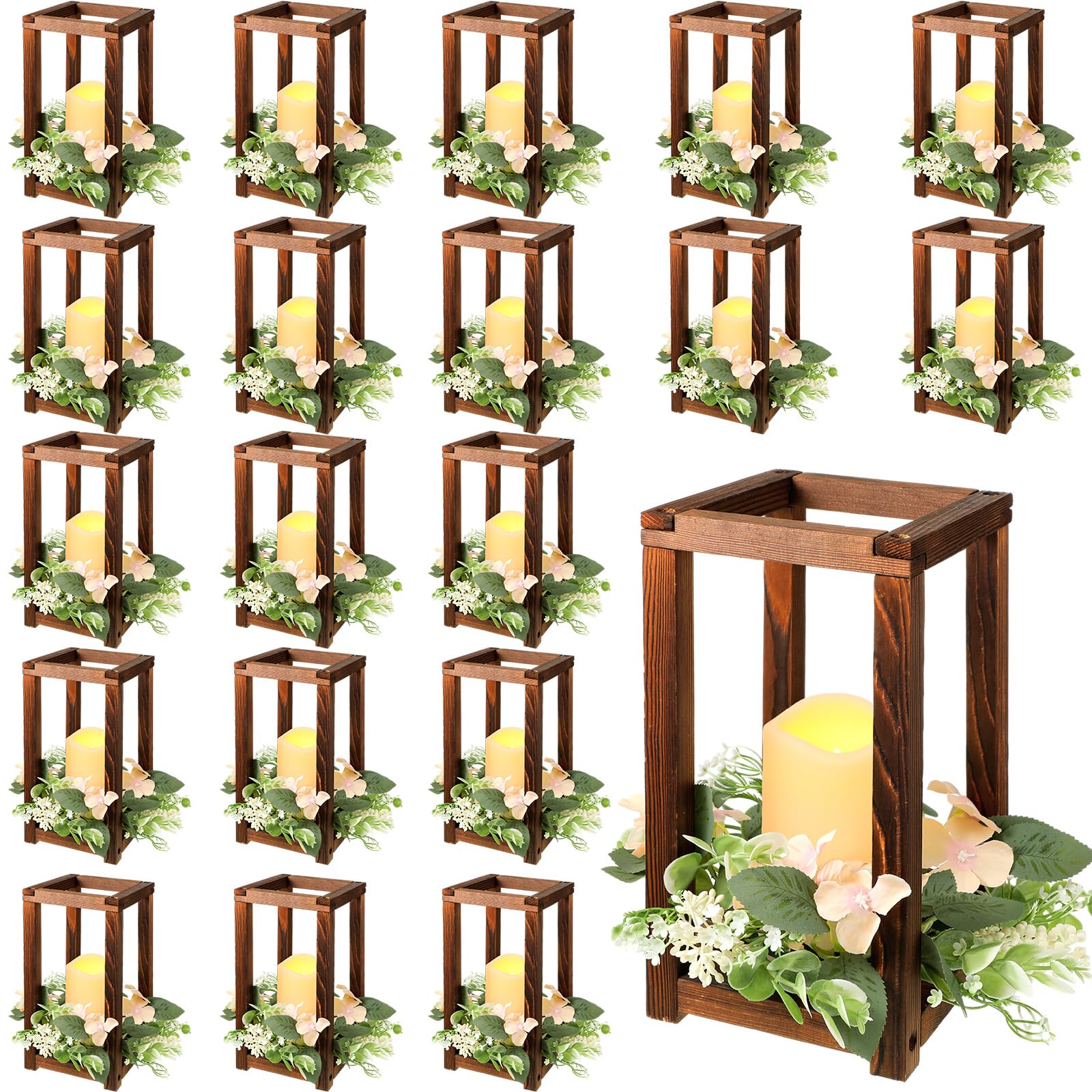 Hushee 30 Pcs Wooden Wedding Lantern Centerpiece Integrated Holders with Candles and Wreaths Rustic Wooden Candle Lantern Decor for Wedding Party Table Valentine Decor (Brown)