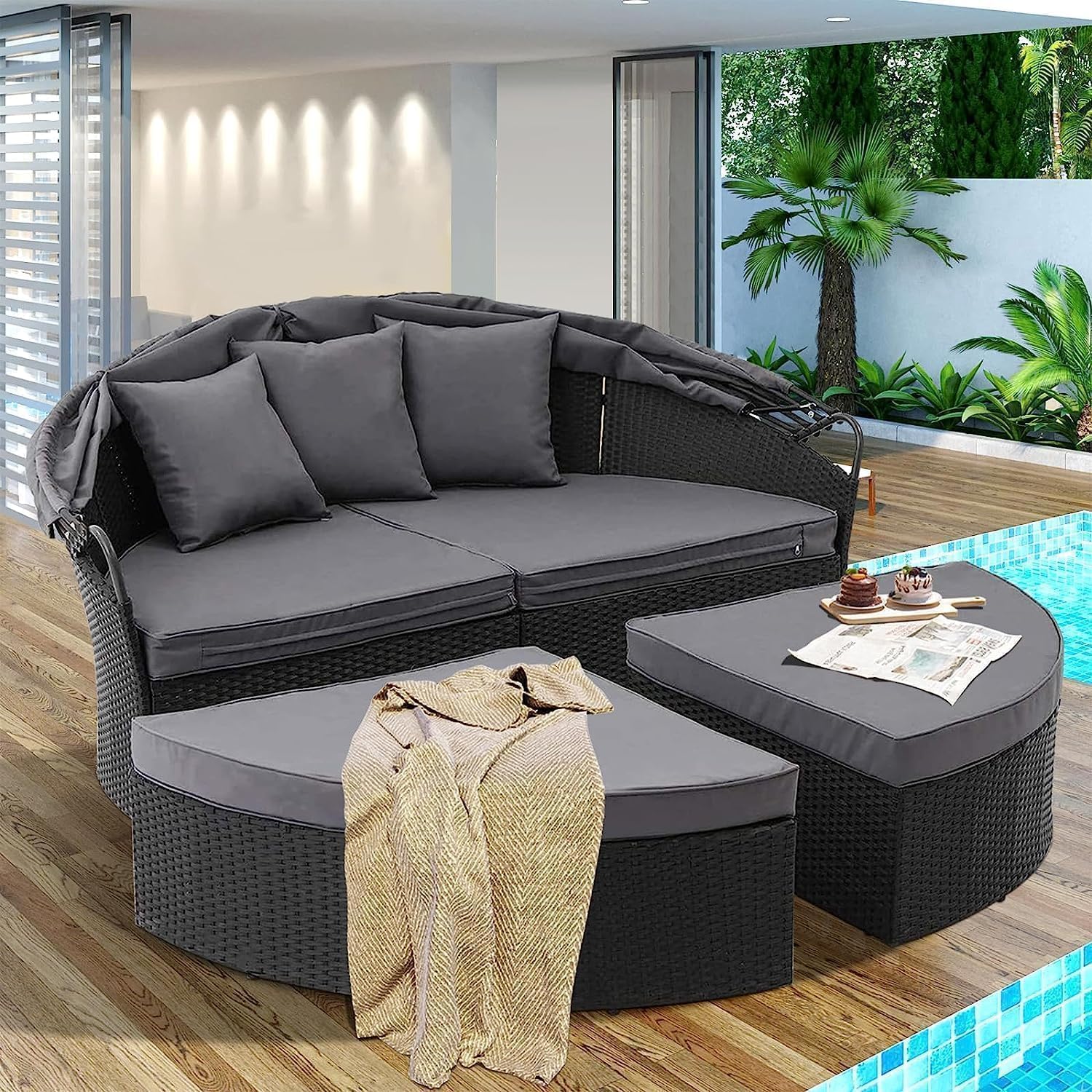 SUNCROWN Outdoor Patio Round Daybed with Retractable Canopy, Black Wicker Furniture Sectional Couch with Washable Cushions, Backyard, Porch