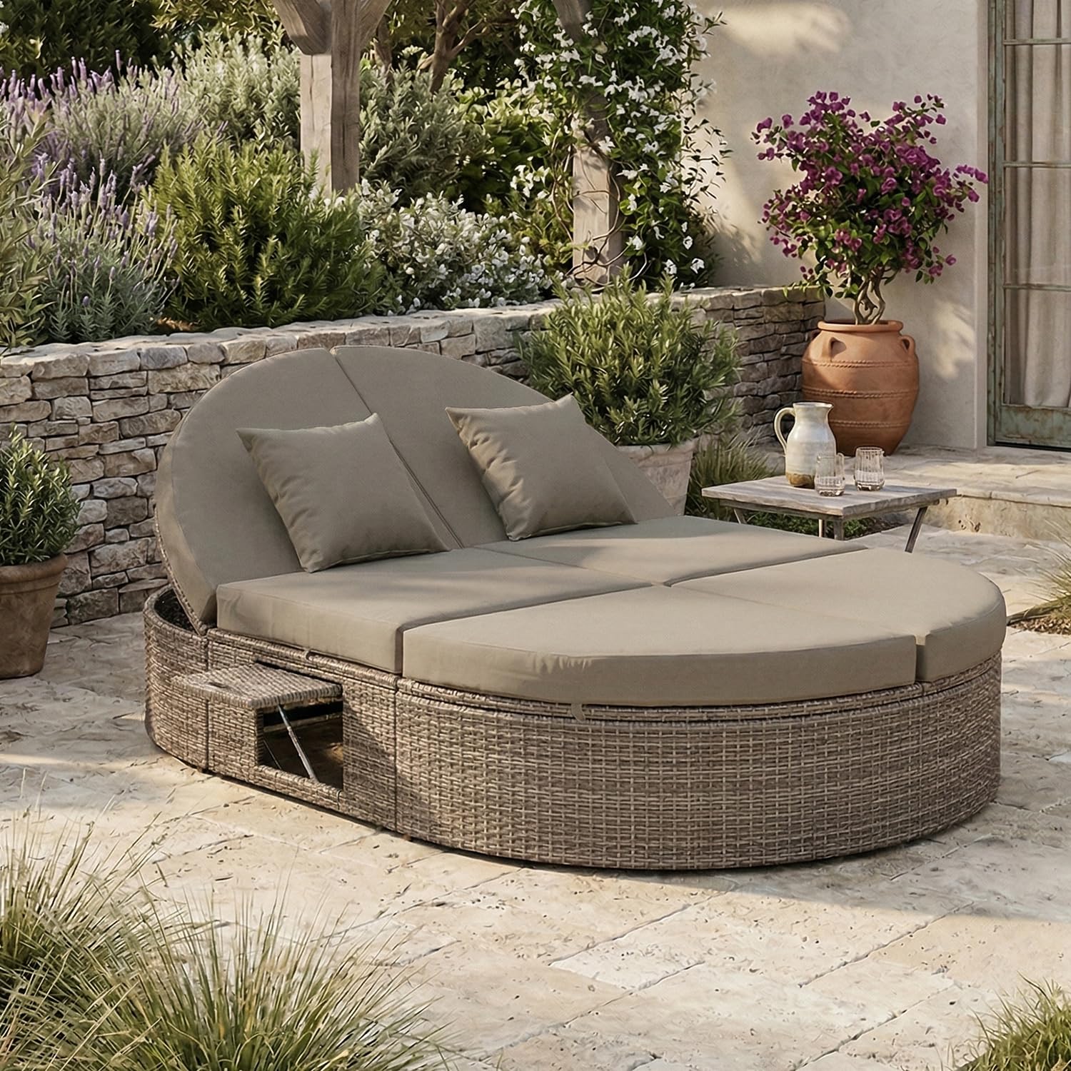 SoarFlash Outdoor Patio Canopy Bed, Round Daybed with Washable Cushions, Clamshell Sectional Seating Wicker Furniture with Retractable Canopy for Lawn Garden Backyard Porch Pool (Beige)