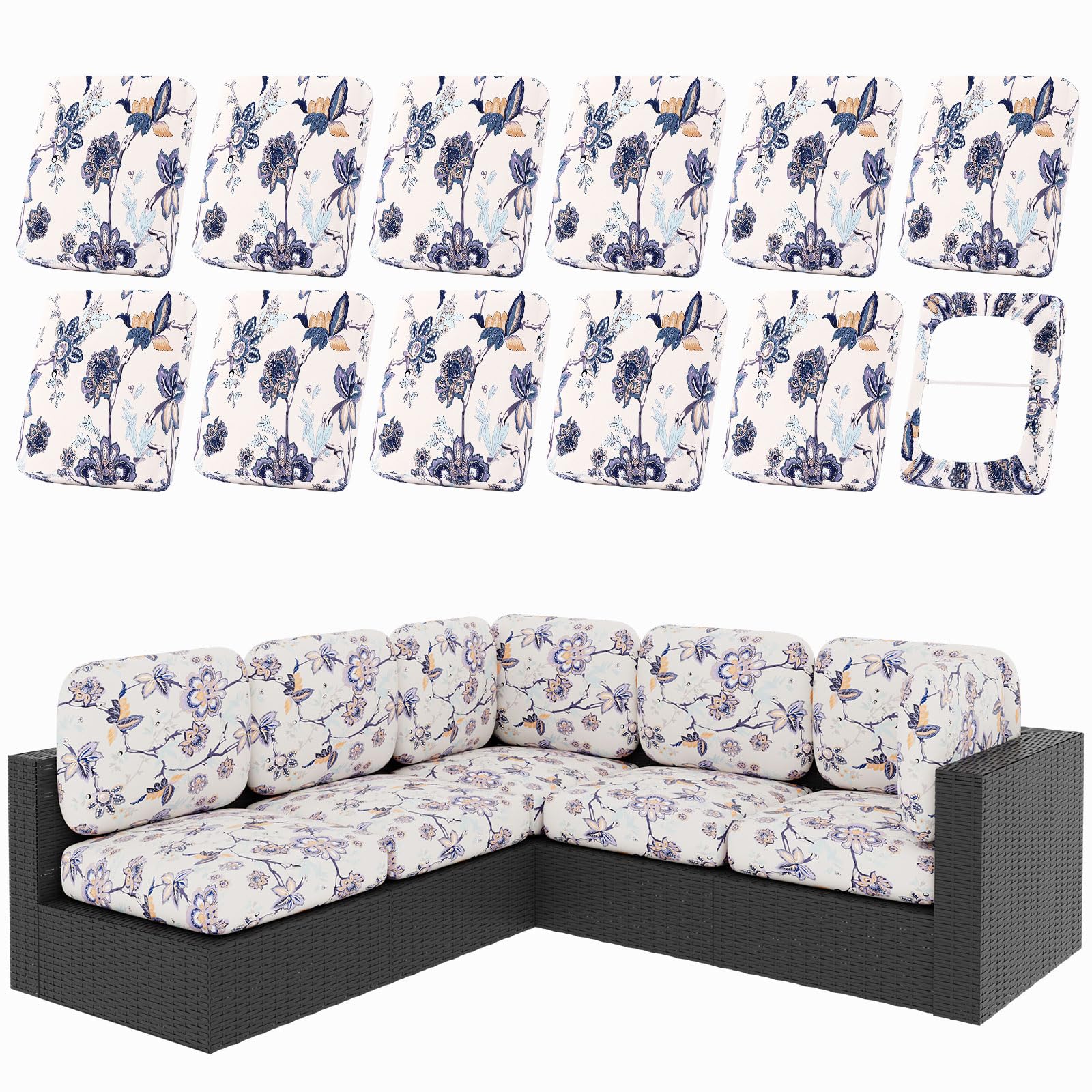 hyha 8Pcs Patio Cushion Covers, Stretch Outdoor Couch Cushion Covers Replacement, Washable Outdoor Chair/Sofa Slipcovers for Patio Furniture Cushions Protector with Elastic Bottom(Floral,Cover Only)