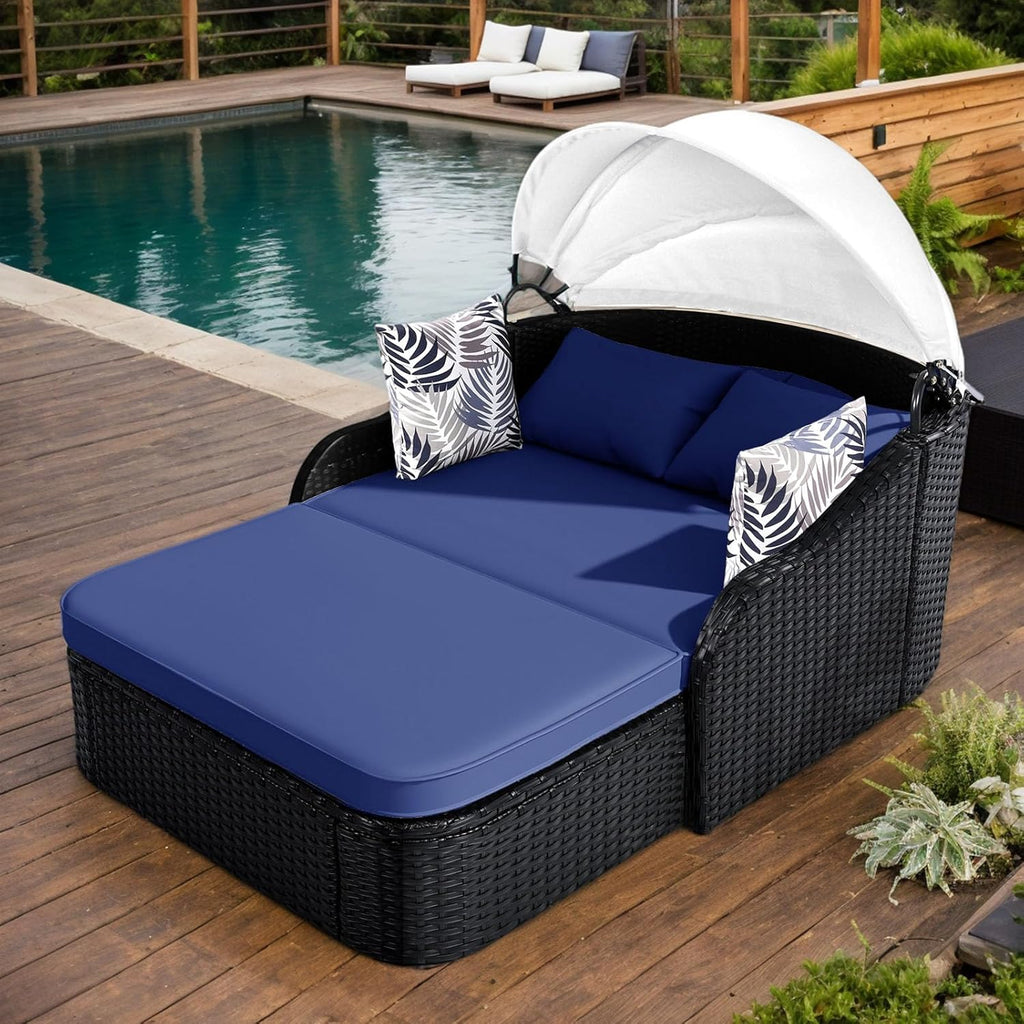 Anwick Outdoor Daybed with Adjustable Canopy, Double Chaise Lounge, PE Wicker Rattan Sunbed with Cushions & Pillows, Patio Loveseat for Backyard Balcony Poolside (Beige+Black)
