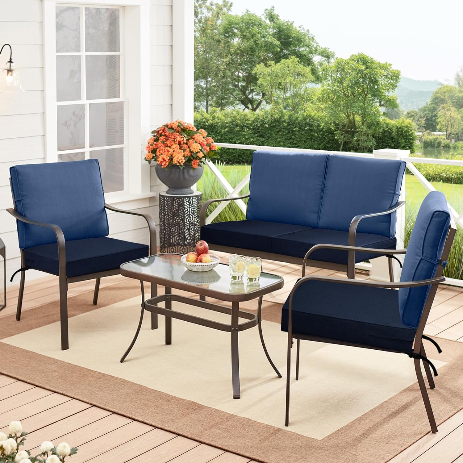 Easy-Going Patio Cushion Covers 24x22x4 Inch 4 Pack, Linen Look Outdoor Water Resistant Chair Seat Cushion Slipcover with Zipper for Outdoor Furniture, Covers Only! Navy