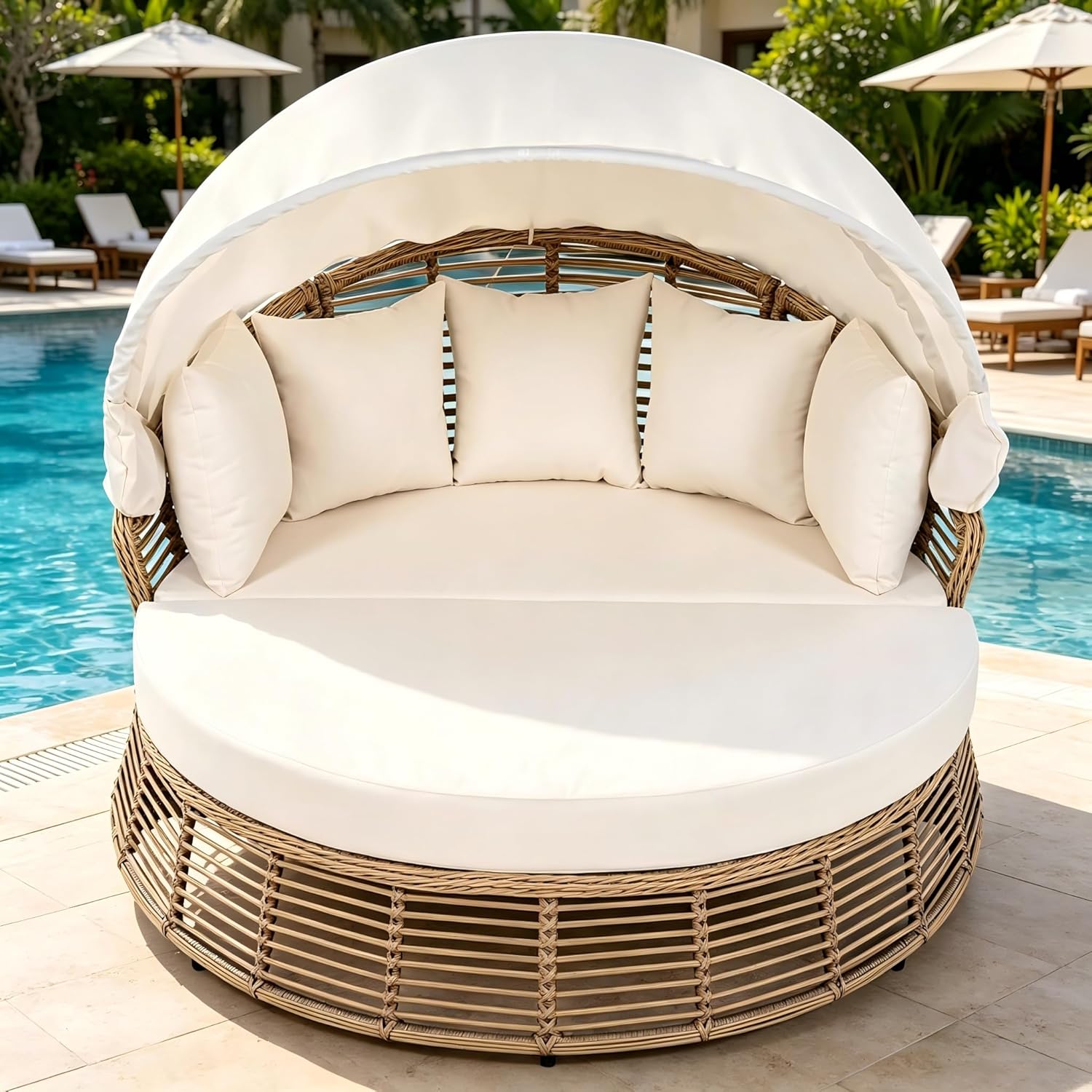 KEVINSPACE Outdoor Daybed with Retractable Canopy Patio RoundDaybed Wicker Rattan OutdoorSectional Bed Lounger, Washable Cushions Furniture for Lawn Backyard Pool Porch Beige