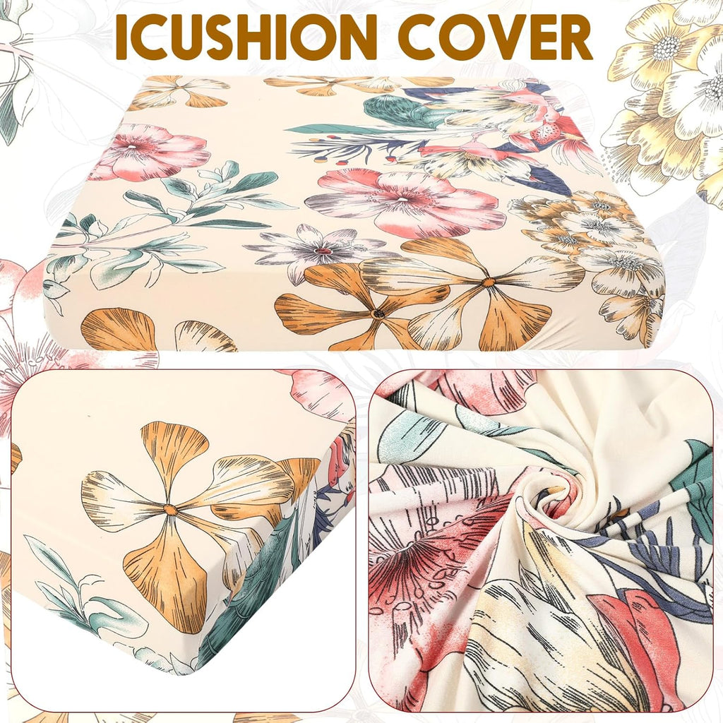 Tegeme 8 Pcs Summer Cushion Cover Stretchable Printed Floral Sofa Cushion Covers Bohemian Printed Washable with Elastic for Furniture Chair Bottom