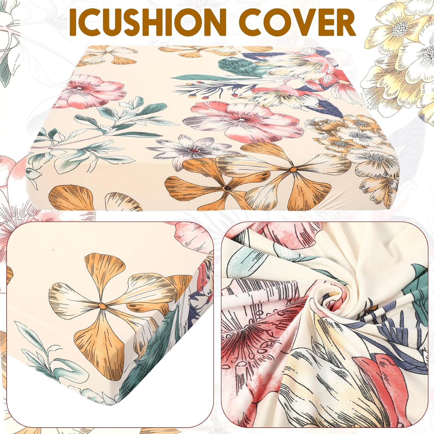 Tegeme 8 Pcs Summer Cushion Cover Stretchable Printed Floral Sofa Cushion Covers Bohemian Printed Washable with Elastic for Furniture Chair Bottom
