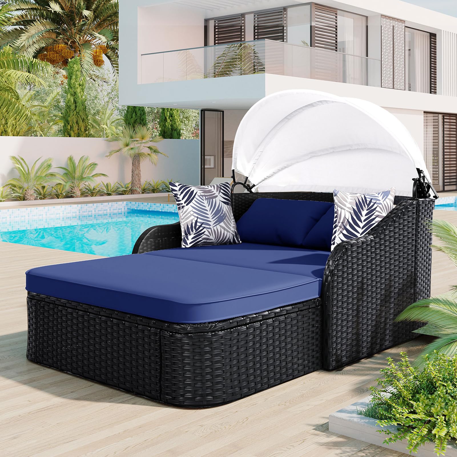 2-Person Wicker Chaise Lounge with Canopy & Pillows, Beige&Black, Outdoor Patio Sunbed