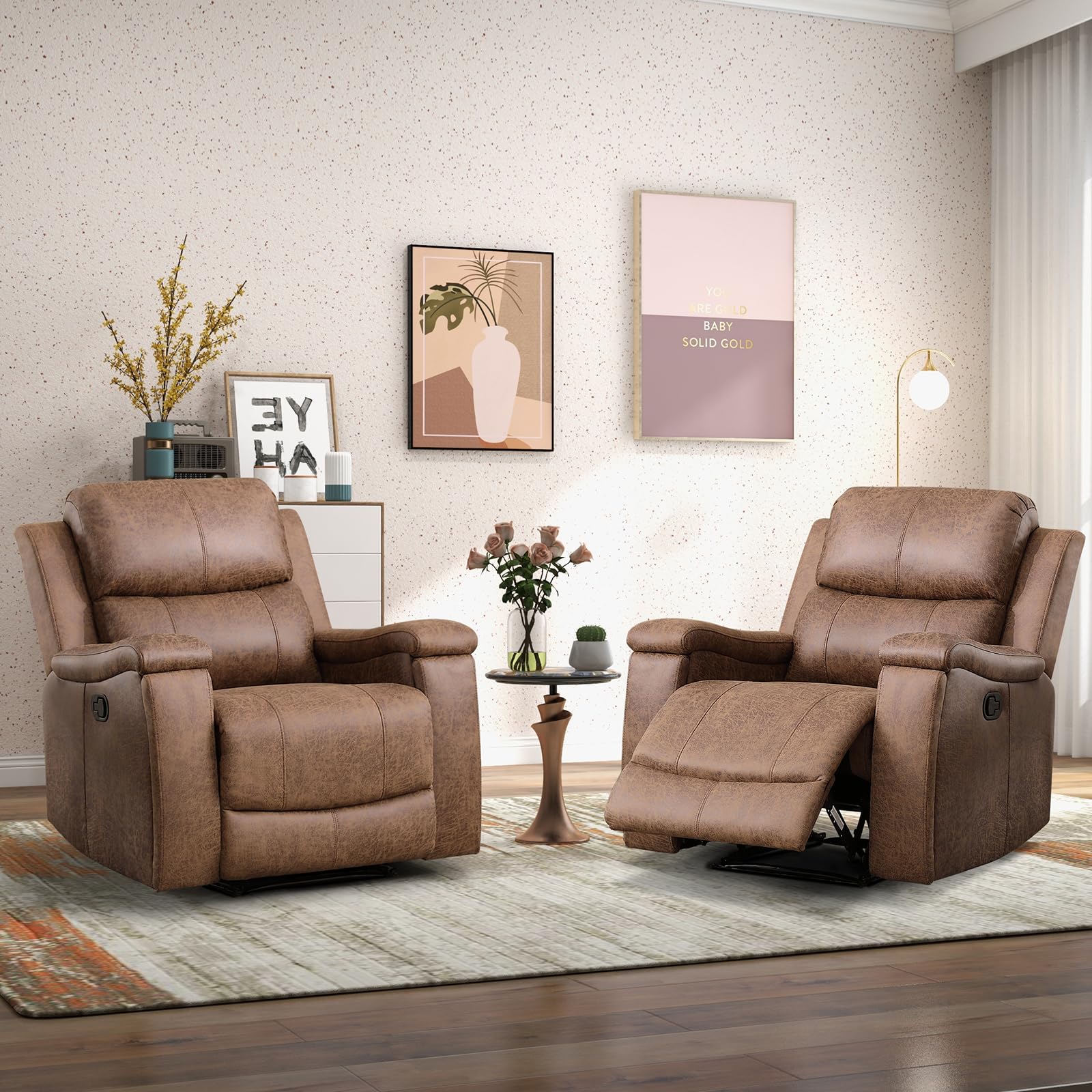 CANMOV Leather Recliner Chair, Classic and Traditional Manual Recliner Chair with Overstuffed Arms and Back, Manual Single Sofa with Concealed Cup Holders,Nut Brown
