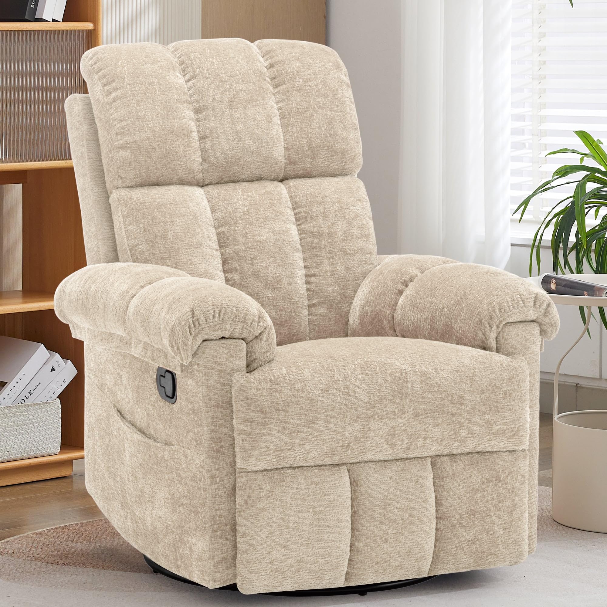 Korser Recliner Chair, Swivel Rocker Recliner Chair for Adults, Small Recliners for Small Spaces, Upholstered Manual Recliner with Side Pockets, Nursery Rocking Chair for Living Room, Chenille, Beige