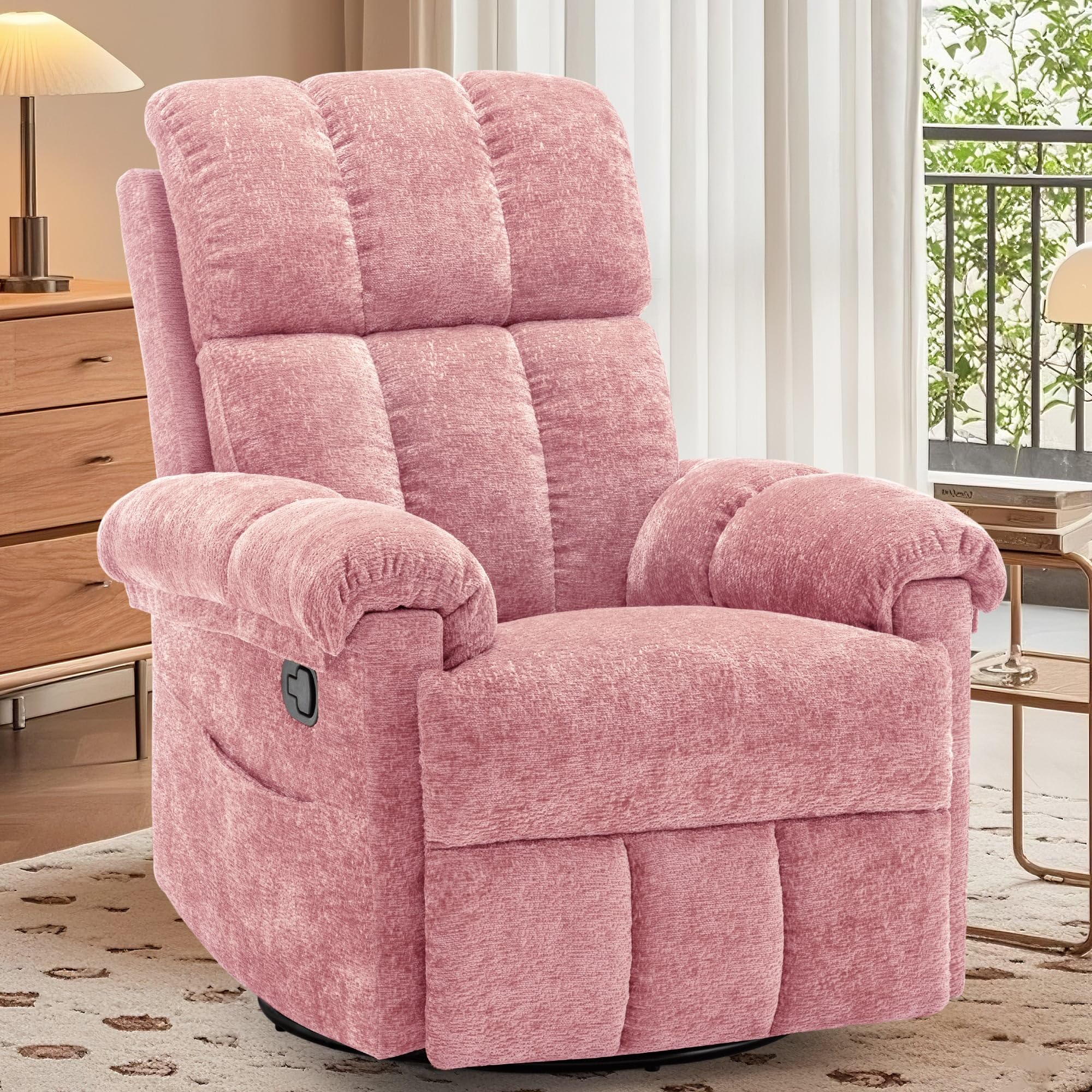 Korser Recliner Chair, Swivel Rocker Recliner Chair for Adults, Small Recliners for Small Spaces, Upholstered Manual Recliner with Side Pockets, Nursery Rocking Chair for Living Room, Chenille, Beige