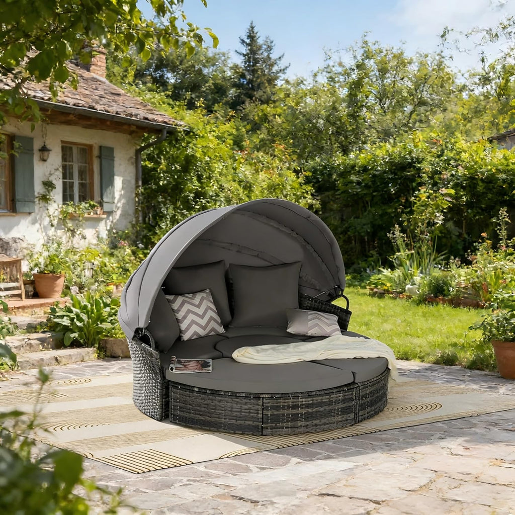 Patio Furniture Outdoor Round Daybed Bed Daybeds with Retractable Canopy, Storable Table, 3 Pillows PatioBed Sun Porch Wicker Rattan Separated Seating Sectional Sofa for Garden Poolside Dark Gray