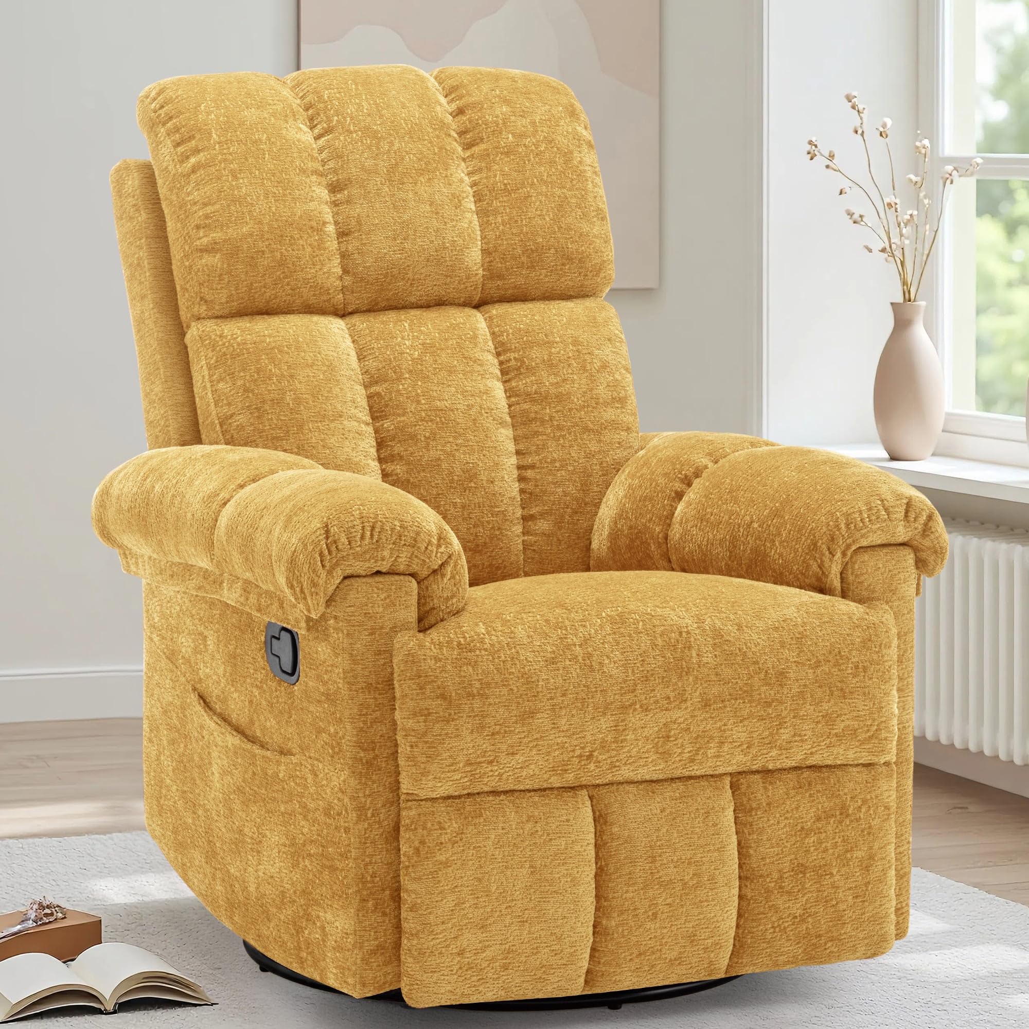 Korser Recliner Chair, Swivel Rocker Recliner Chair for Adults, Small Recliners for Small Spaces, Upholstered Manual Recliner with Side Pockets, Nursery Rocking Chair for Living Room, Chenille, Beige