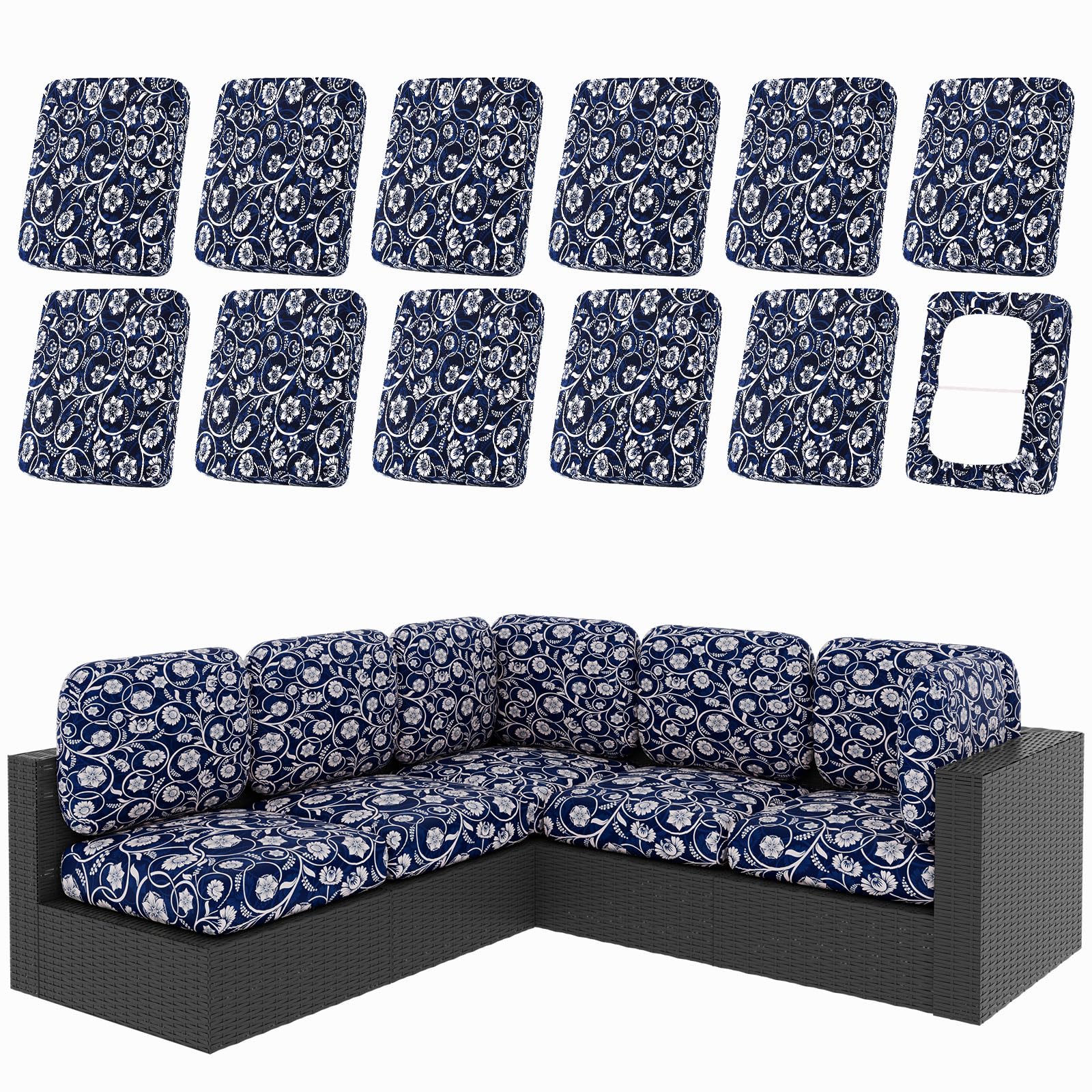 hyha 8Pcs Patio Cushion Covers, Stretch Outdoor Couch Cushion Covers Replacement, Washable Outdoor Chair/Sofa Slipcovers for Patio Furniture Cushions Protector with Elastic Bottom(Floral,Cover Only)