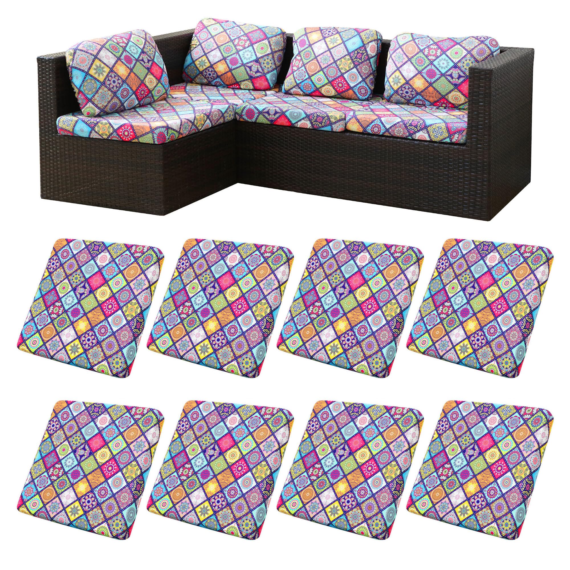 BIETYONE 8Pcs Stretch Patio Cushion Covers,Outdoor Couch Covers Replacement,Outdoor Couch & Sofa Slipcovers,for Patio Furniture Cushion Covers,Washable Reusable Furniture Protector (Vivid, Cover Only)