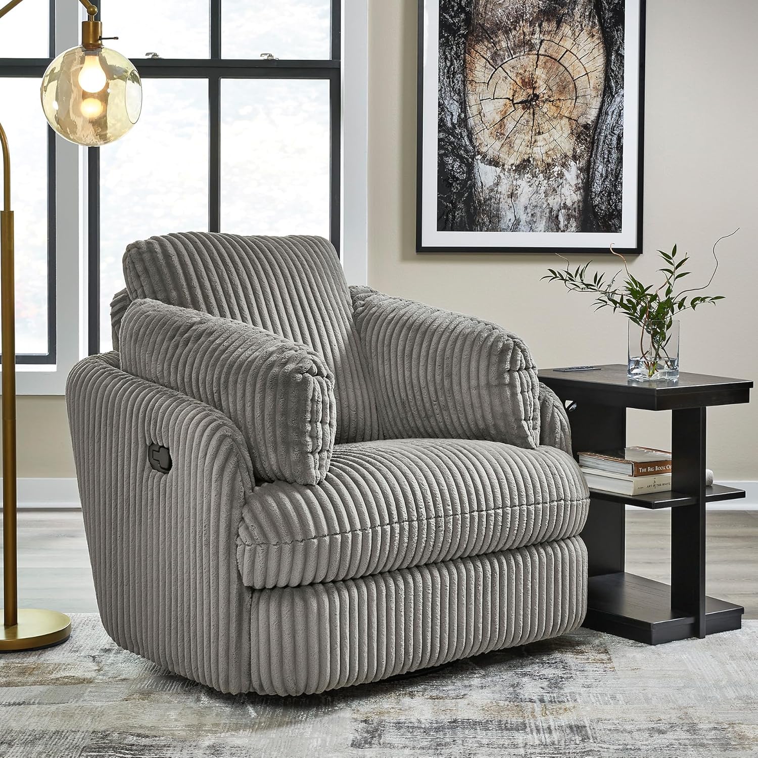 Signature Design by Ashley Tie-Breaker Swivel Glider Recliner, 2 Bolster Pillows, Hidden Storage, Fabric Upholstery, 41.38" W x 40.25" D x 39.75" H, Light Gray
