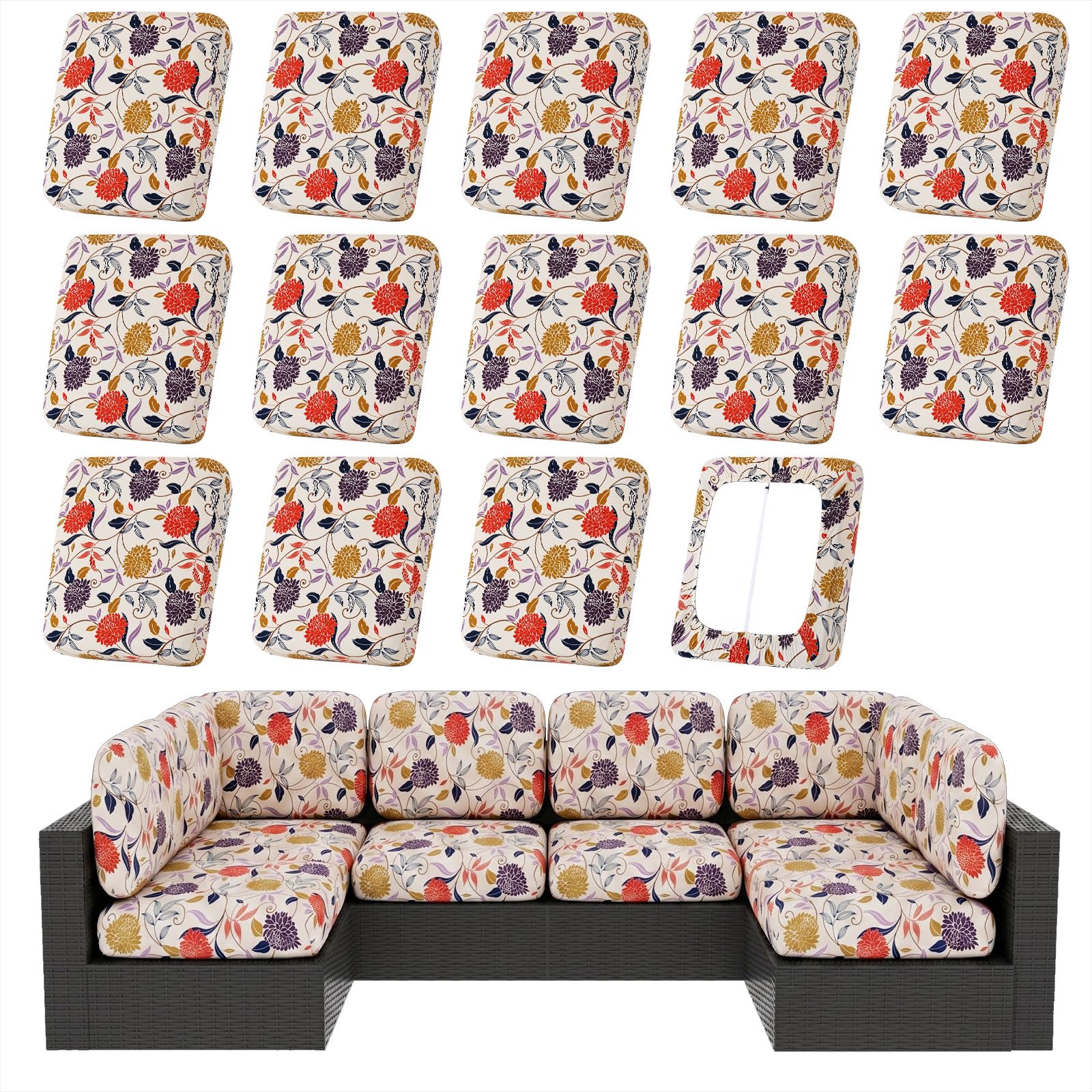 hyha 8Pcs Patio Cushion Covers, Stretch Outdoor Couch Cushion Covers Replacement, Washable Outdoor Chair/Sofa Slipcovers for Patio Furniture Cushions Protector with Elastic Bottom(Floral,Cover Only)