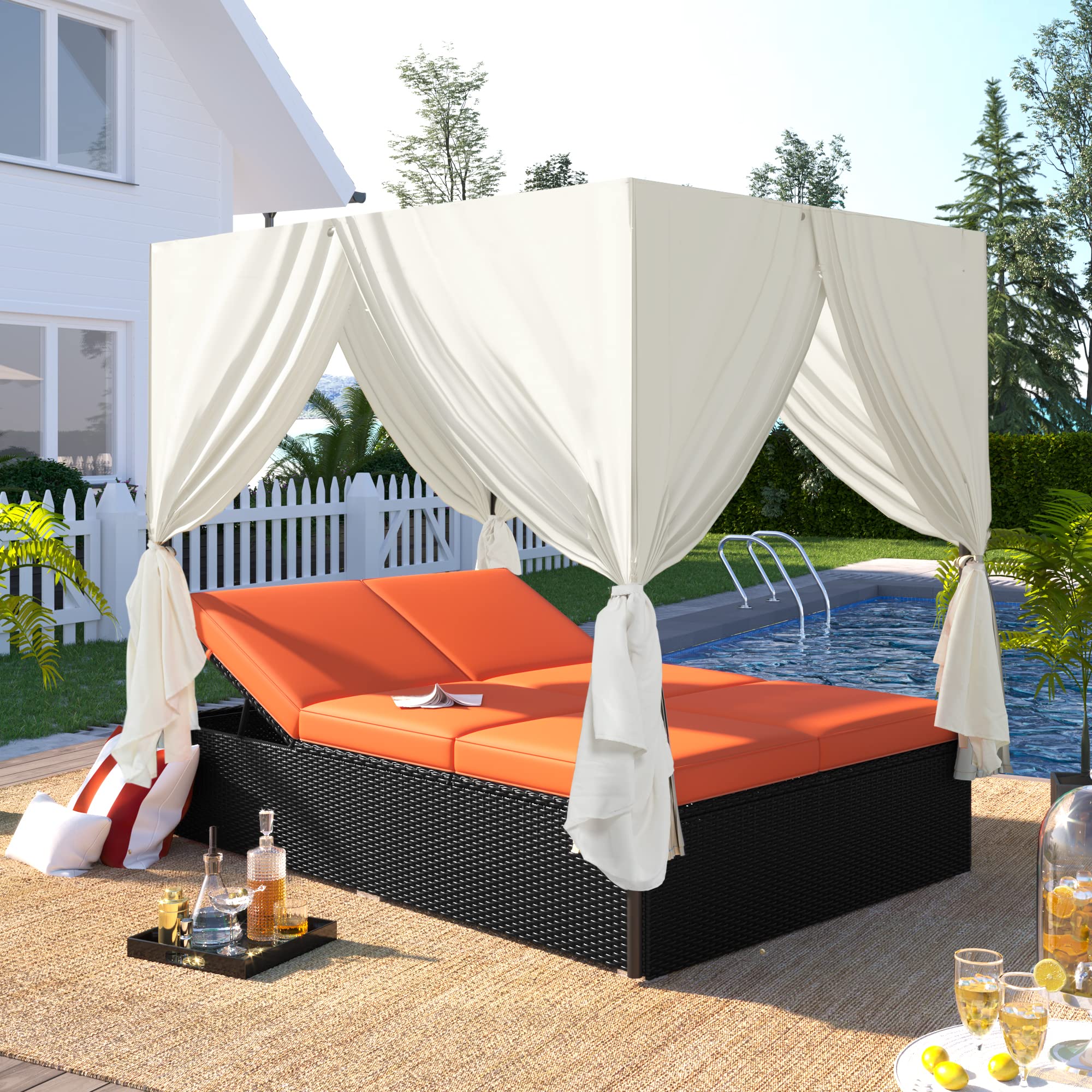 VilroCaz Outdoor Rattan Daybed Patio Wicker Sunbed with Canopy/Overhead Curtains/Cushions, Wicker Patio Sofa Set with Adjustable Seats for Lawn Garden Backyard Poolside (Beige Cushions)