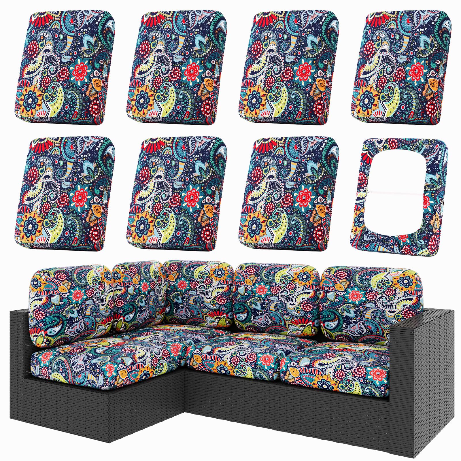 hyha 8Pcs Patio Cushion Covers, Stretch Outdoor Couch Cushion Covers Replacement, Washable Outdoor Chair/Sofa Slipcovers for Patio Furniture Cushions Protector with Elastic Bottom(Floral,Cover Only)