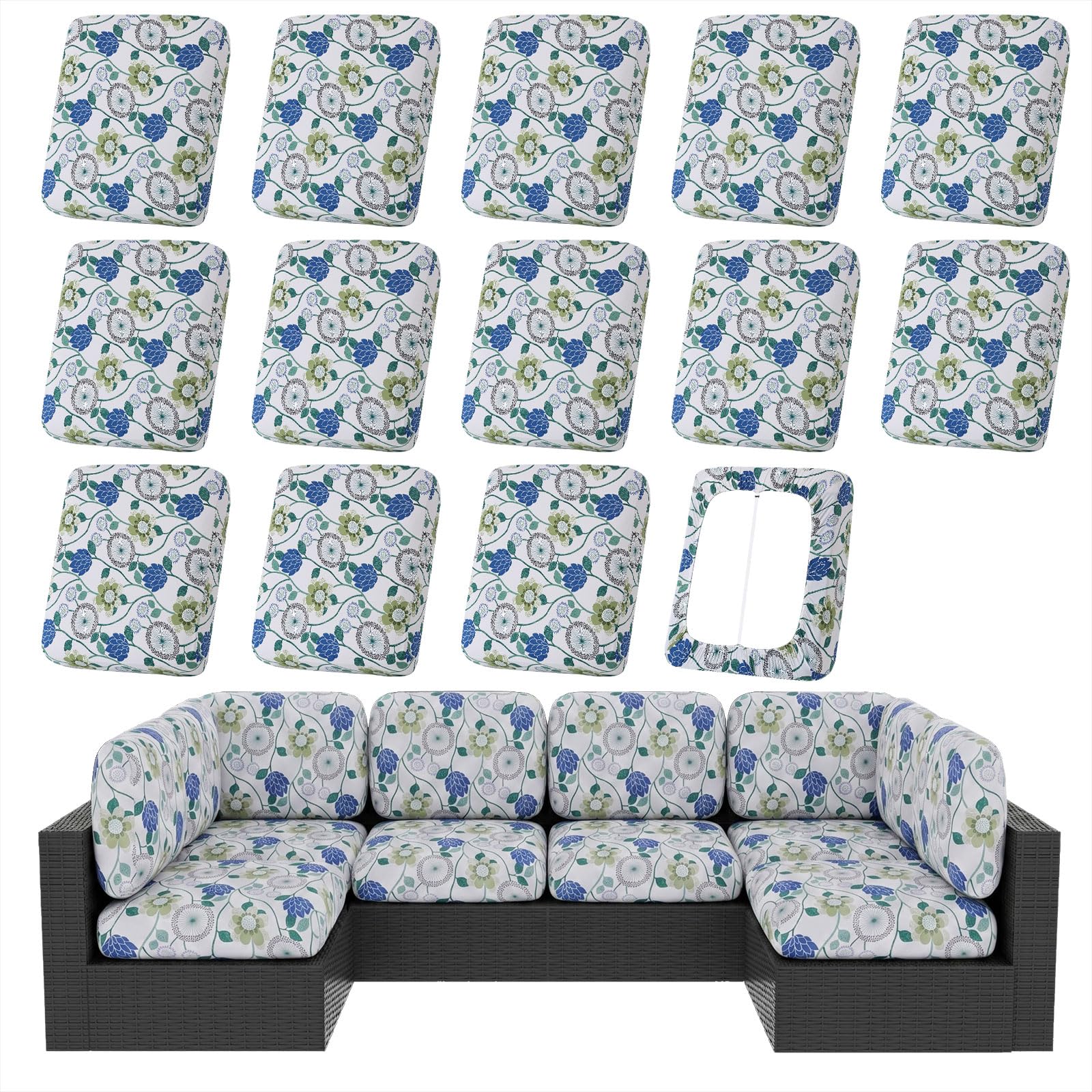 hyha 8Pcs Patio Cushion Covers, Stretch Outdoor Couch Cushion Covers Replacement, Washable Outdoor Chair/Sofa Slipcovers for Patio Furniture Cushions Protector with Elastic Bottom(Floral,Cover Only)
