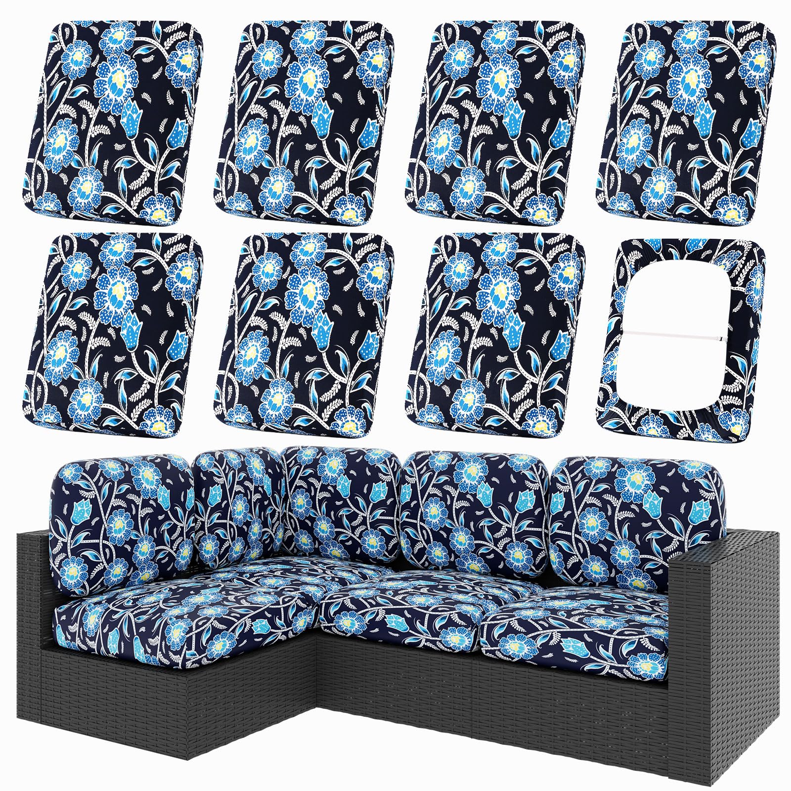 hyha 8Pcs Patio Cushion Covers, Stretch Outdoor Couch Cushion Covers Replacement, Washable Outdoor Chair/Sofa Slipcovers for Patio Furniture Cushions Protector with Elastic Bottom(Floral,Cover Only)