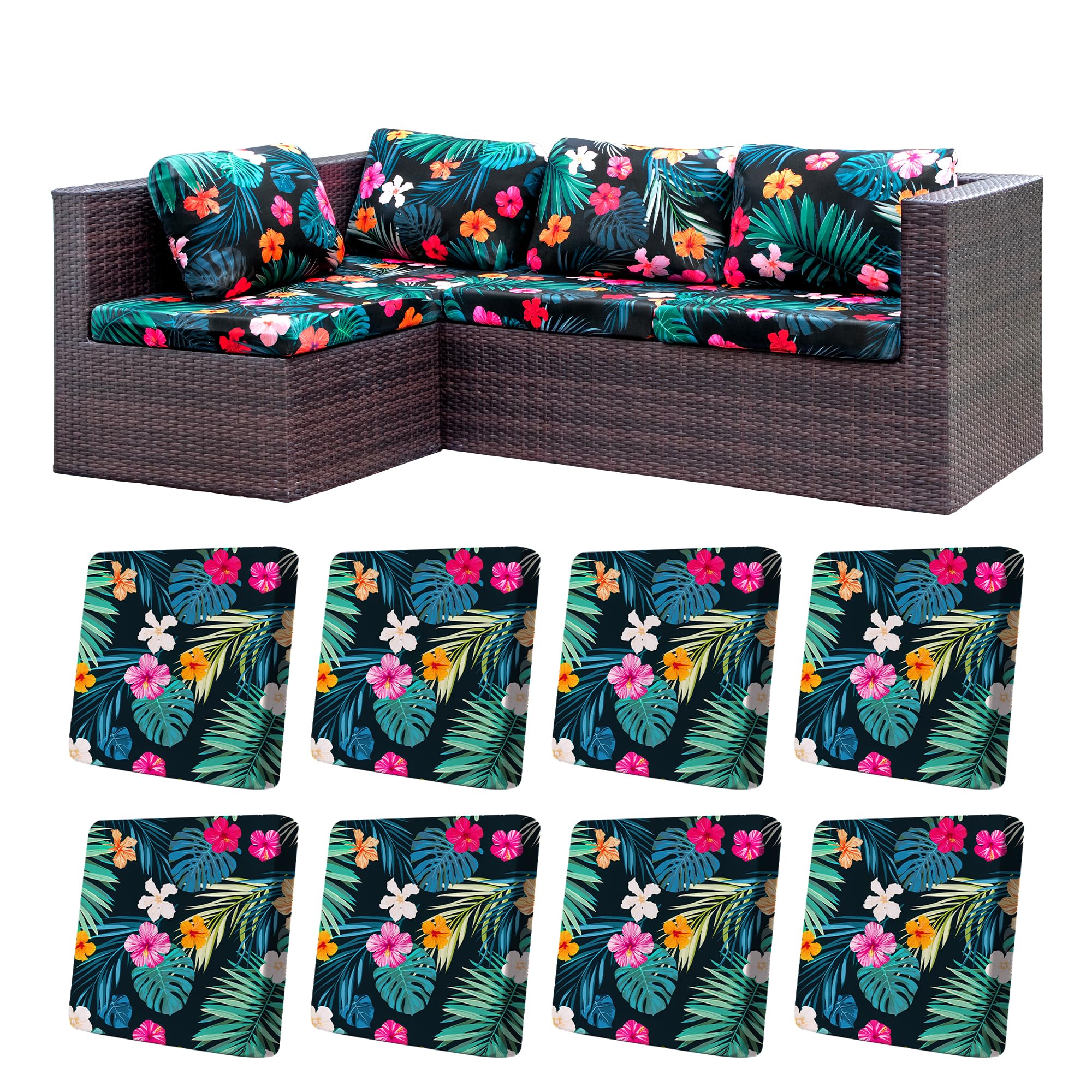 BIETYONE 8Pcs Stretch Patio Cushion Covers,Outdoor Couch Covers Replacement,Outdoor Couch & Sofa Slipcovers,for Patio Furniture Cushion Covers,Washable Reusable Furniture Protector (Vivid, Cover Only)