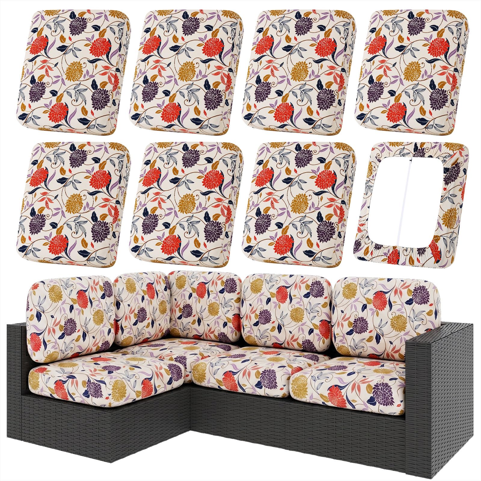 hyha 8Pcs Patio Cushion Covers, Stretch Outdoor Couch Cushion Covers Replacement, Washable Outdoor Chair/Sofa Slipcovers for Patio Furniture Cushions Protector with Elastic Bottom(Floral,Cover Only)