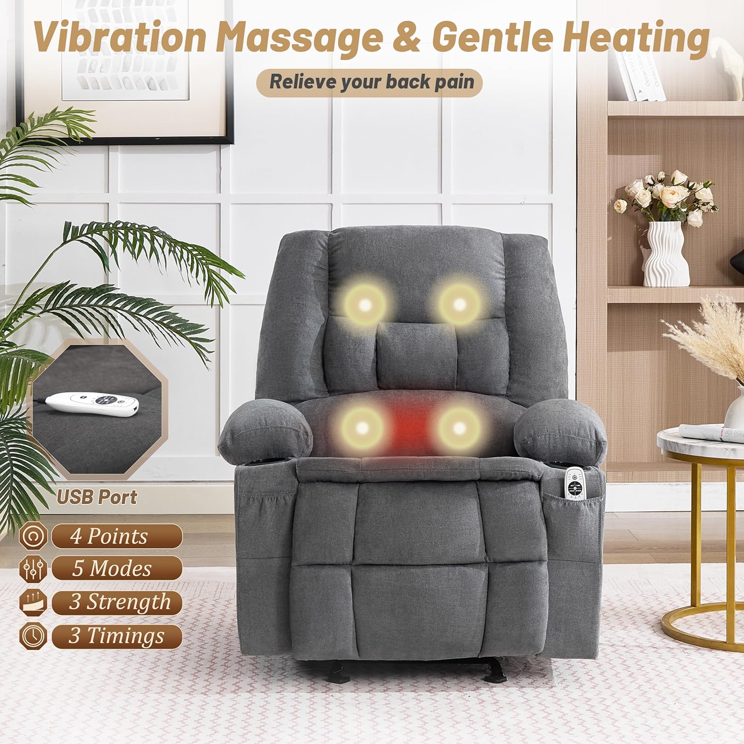 Rocker Recliner Chair with Massage and Heat, Nursery Rocking Chairs for Living Room, Ergonomic Comfy Relining Chair with Cup Holders, USB Charge Port, Side Pockets, Manual Recliner Chairs, Grey