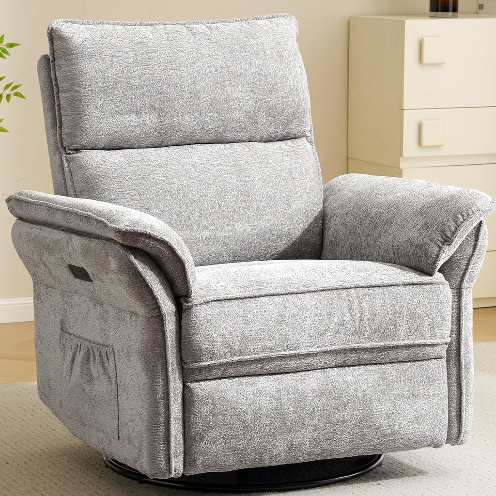 Oversized Power Recliner Chair Swivel Glider with Massage and Heat, Rocker Nursery Recliner for Adults with Adjustable Headrest, 26" Extra Wide Nursery Chair with Overstuffed Armrest,Light Grey