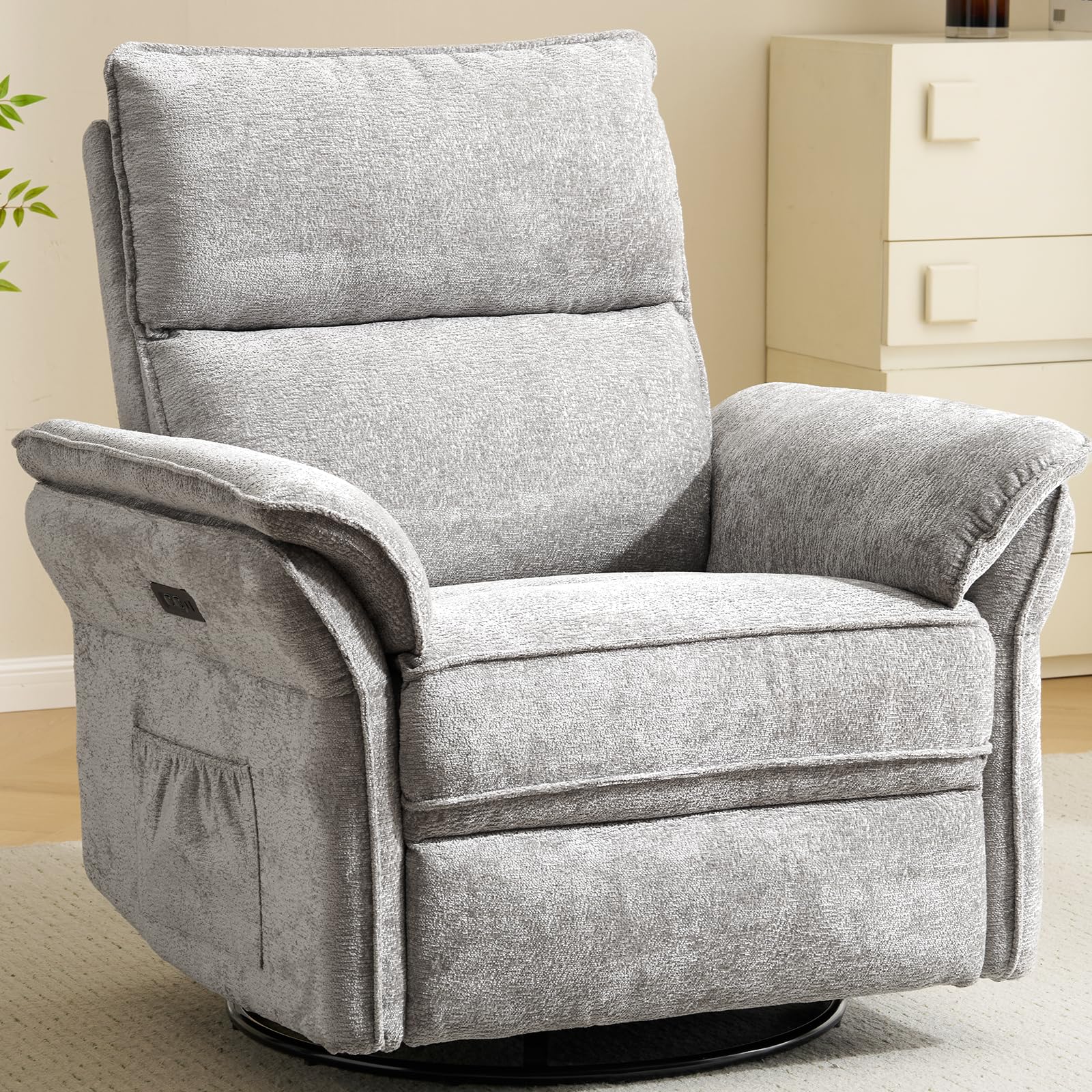 Oversized Power Recliner Chair Swivel Glider with Massage and Heat, Rocker Nursery Recliner for Adults with Adjustable Headrest, 26" Extra Wide Nursery Chair with Overstuffed Armrest,Light Grey