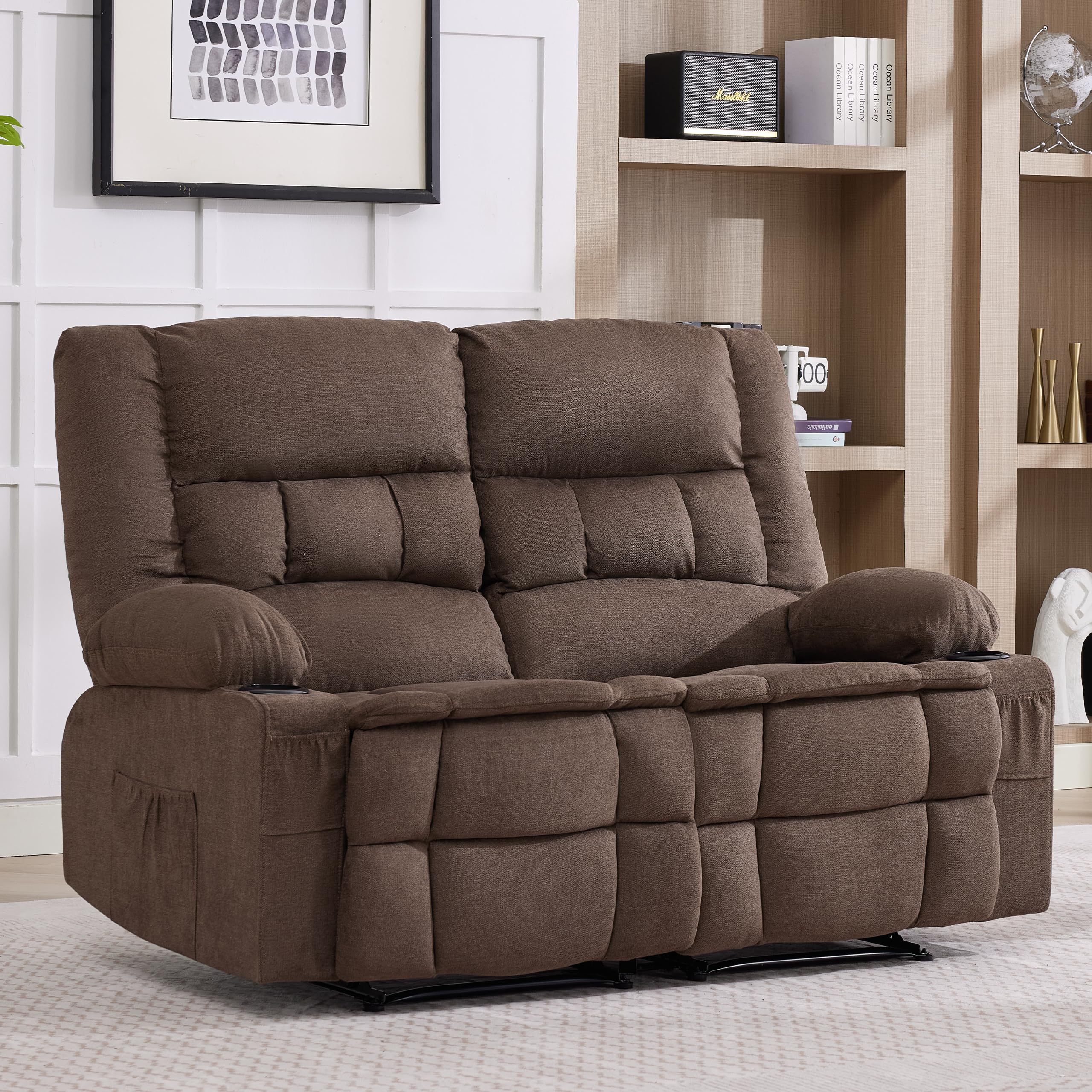 Rocker Recliner Chair with Massage and Heat, Nursery Rocking Chairs for Living Room, Ergonomic Comfy Relining Chair with Cup Holders, USB Charge Port, Side Pockets, Manual Recliner Chairs, Grey