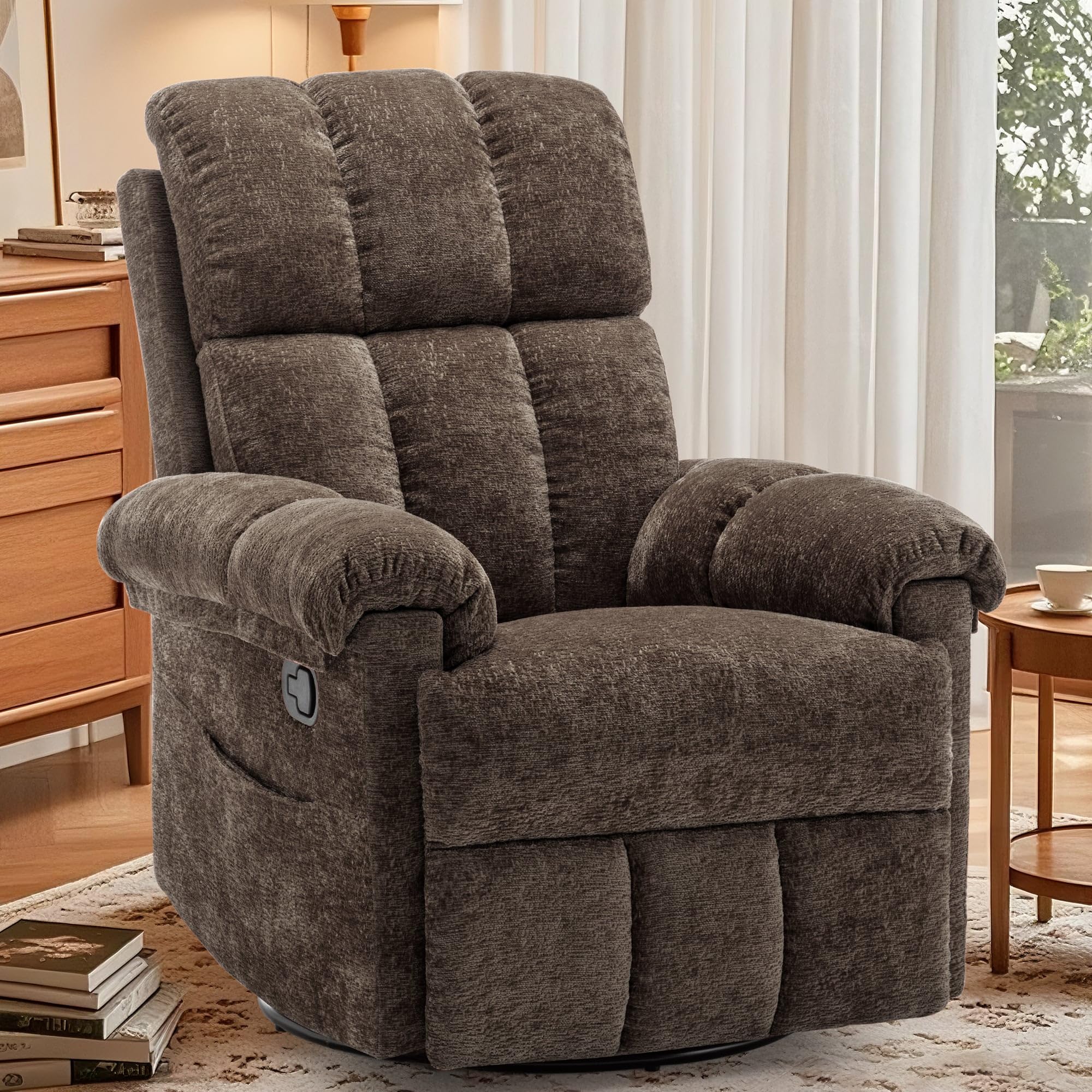 Korser Recliner Chair, Swivel Rocker Recliner Chair for Adults, Small Recliners for Small Spaces, Upholstered Manual Recliner with Side Pockets, Nursery Rocking Chair for Living Room, Chenille, Beige