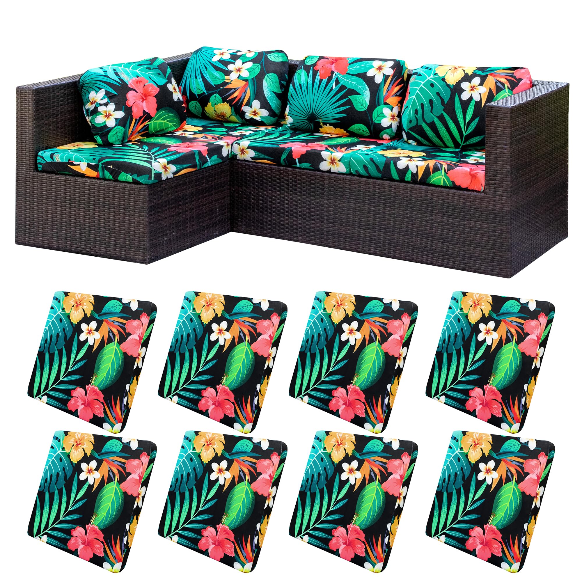 BIETYONE 8Pcs Stretch Patio Cushion Covers,Outdoor Couch Covers Replacement,Outdoor Couch & Sofa Slipcovers,for Patio Furniture Cushion Covers,Washable Reusable Furniture Protector (Vivid, Cover Only)