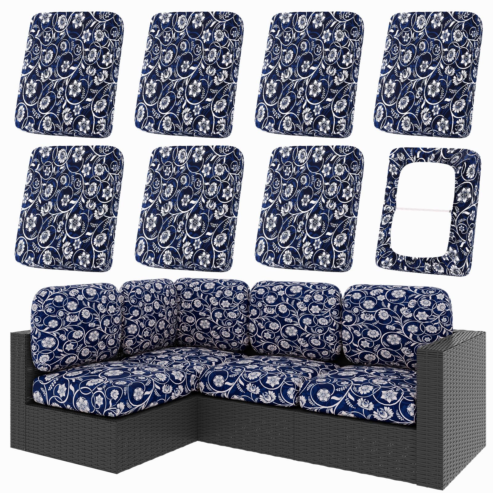 hyha 8Pcs Patio Cushion Covers, Stretch Outdoor Couch Cushion Covers Replacement, Washable Outdoor Chair/Sofa Slipcovers for Patio Furniture Cushions Protector with Elastic Bottom(Floral,Cover Only)