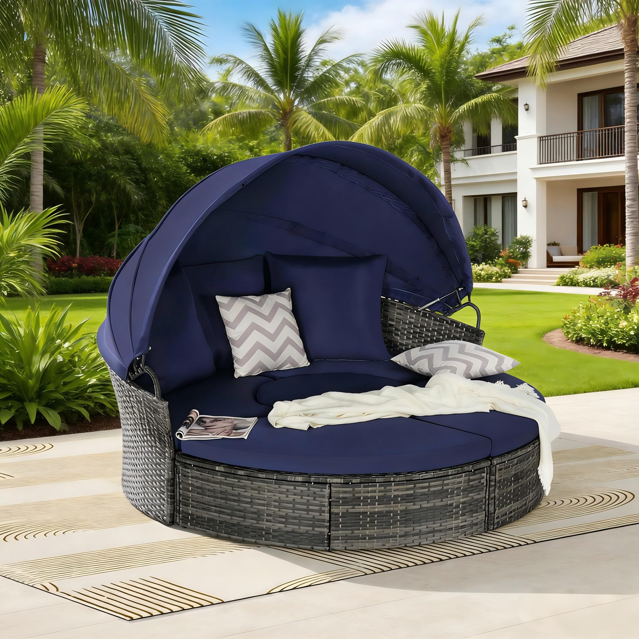 Patio Furniture Outdoor Round Daybed Bed Daybeds with Retractable Canopy, Storable Table, 3 Pillows PatioBed Sun Porch Wicker Rattan Separated Seating Sectional Sofa for Garden Poolside Dark Gray