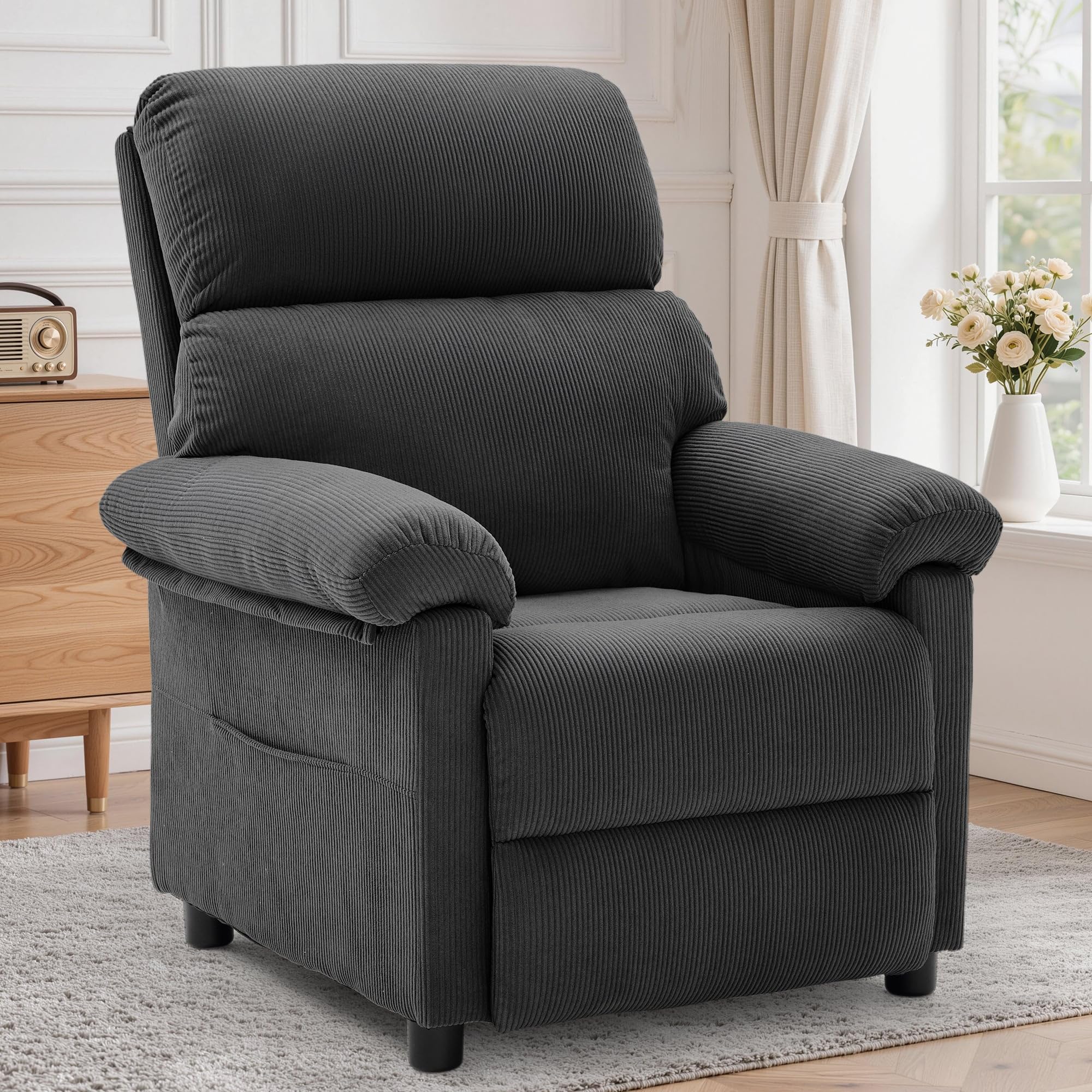 Korser Recliner Chair, Living Room Recliner Chairs for Adults, Small Recliners for Small Spaces, Upholstered Manual Reading Chair with Side Pockets, Nursery Chair for Living Room, Corduroy, Beige