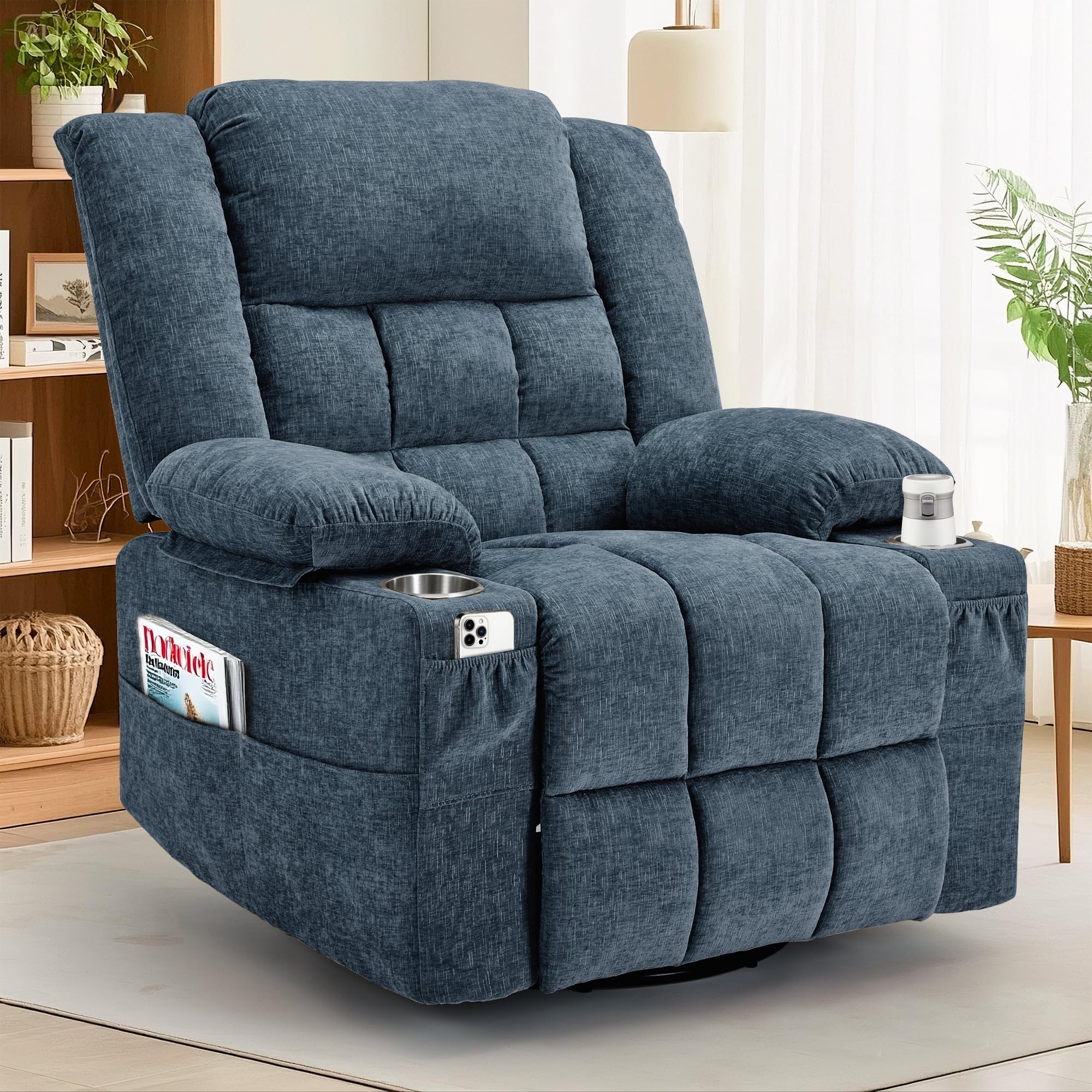 Korser 360° Swivel Rocker Recliner for Adults, Nursery Glider Recliner with Massage and Heating, Rocking Chair with Cup Holder, Manual Recliner Chair for Living Room, Bedroom (Fabric, Dark Gray)