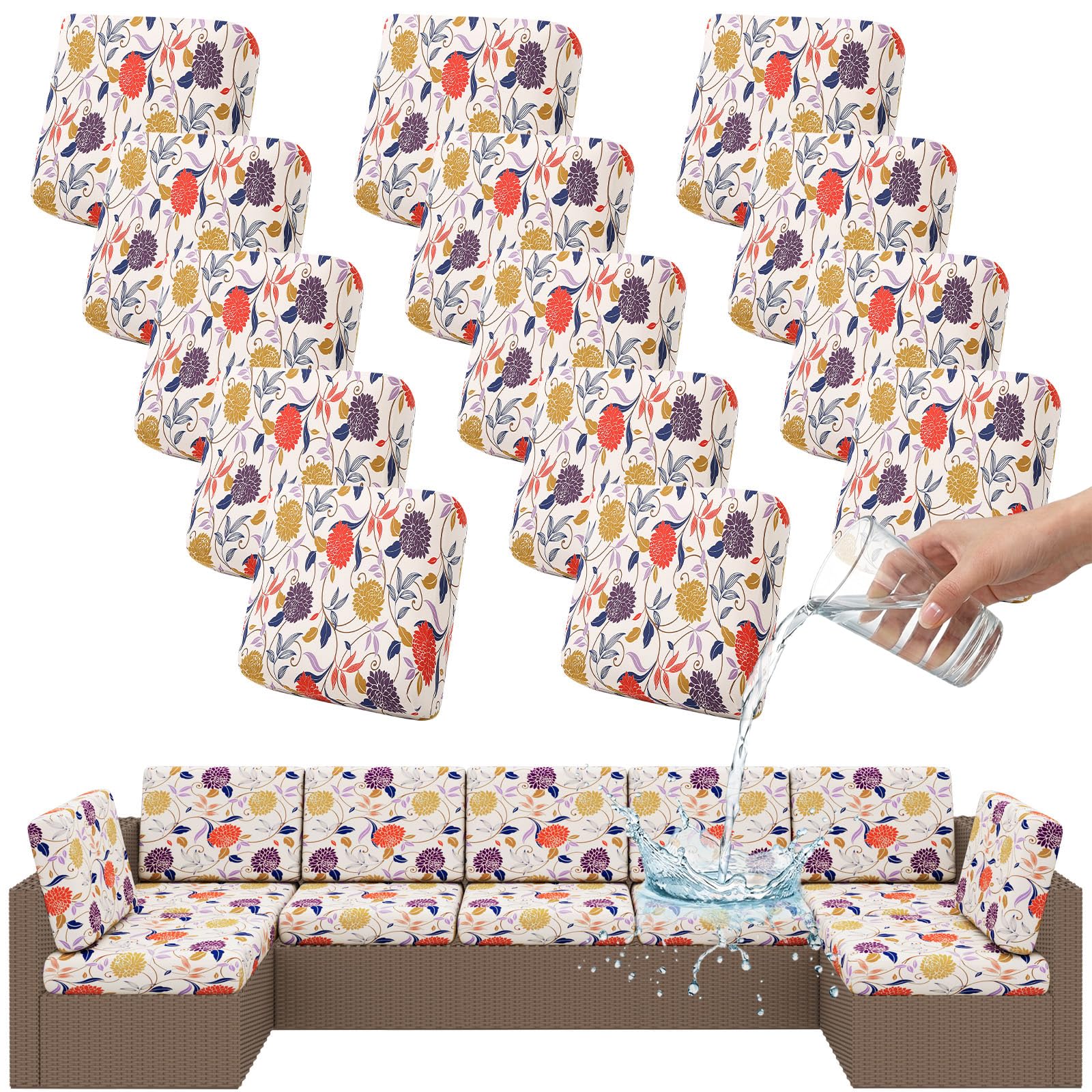 Smiry Waterproof Patio Cushion Covers, Stretch Outdoor Couch Slipcovers Replacement Washable Furniture Protector Sofa Chair Seat Cover for Dogs and Pets (8 Pcs, Orange)