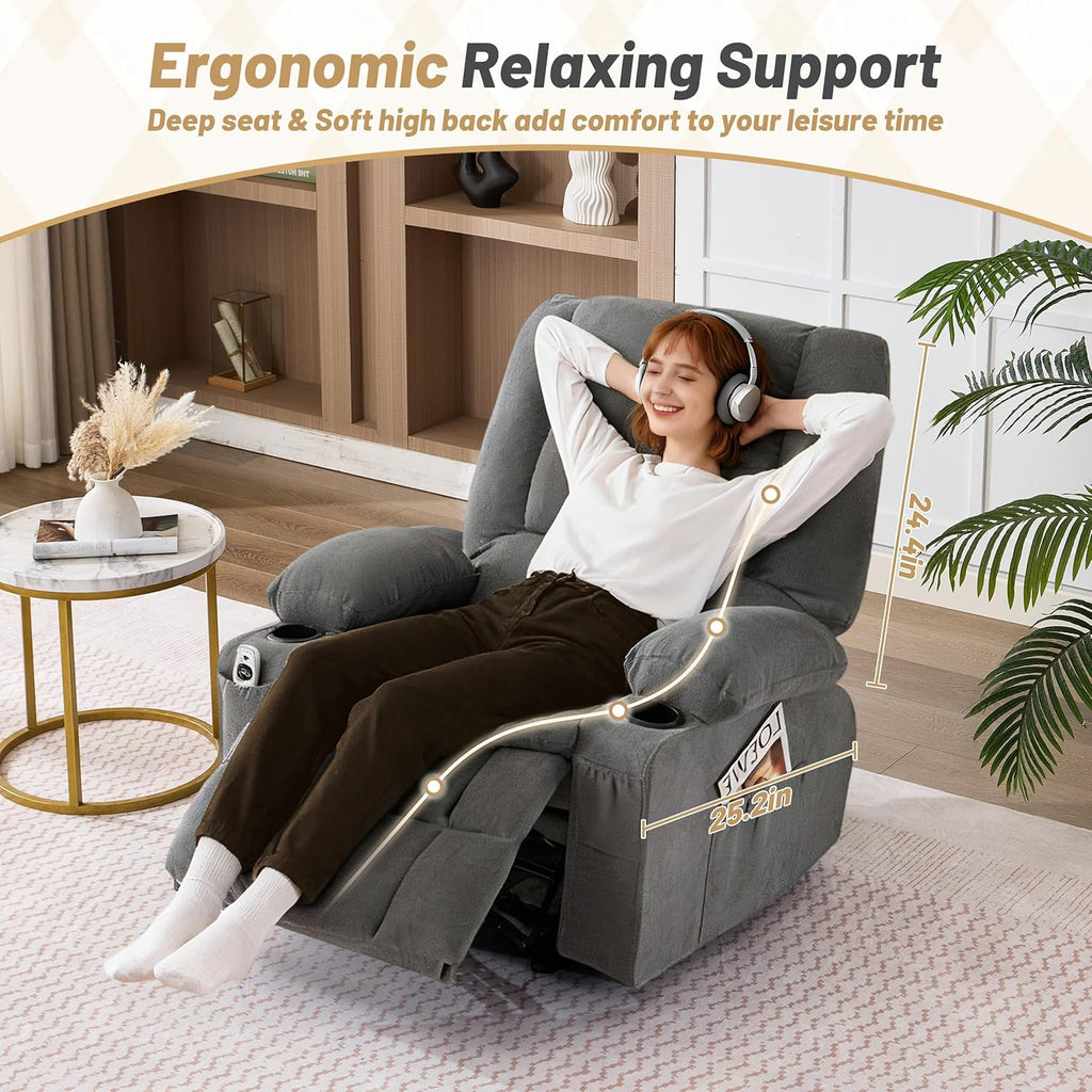 Rocker Recliner Chair with Massage and Heat, Nursery Rocking Chairs for Living Room, Ergonomic Comfy Relining Chair with Cup Holders, USB Charge Port, Side Pockets, Manual Recliner Chairs, Grey