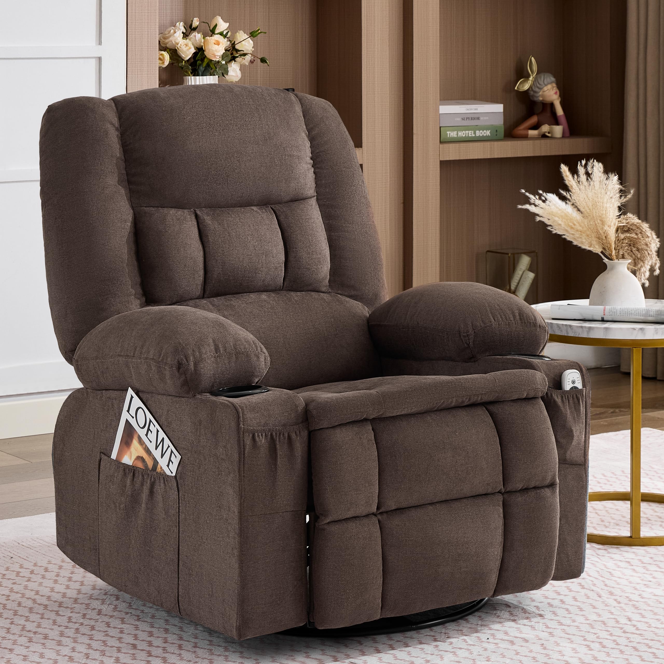 Rocker Recliner Chair with Massage and Heat, Nursery Rocking Chairs for Living Room, Ergonomic Comfy Relining Chair with Cup Holders, USB Charge Port, Side Pockets, Manual Recliner Chairs, Grey