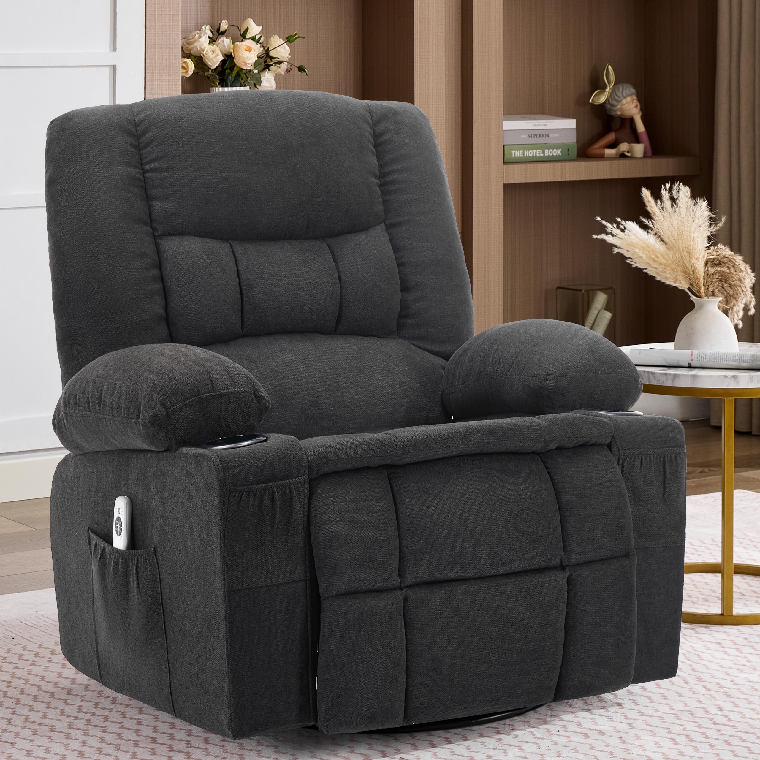 Rocker Recliner Chair with Massage and Heat, Nursery Rocking Chairs for Living Room, Ergonomic Comfy Relining Chair with Cup Holders, USB Charge Port, Side Pockets, Manual Recliner Chairs, Grey