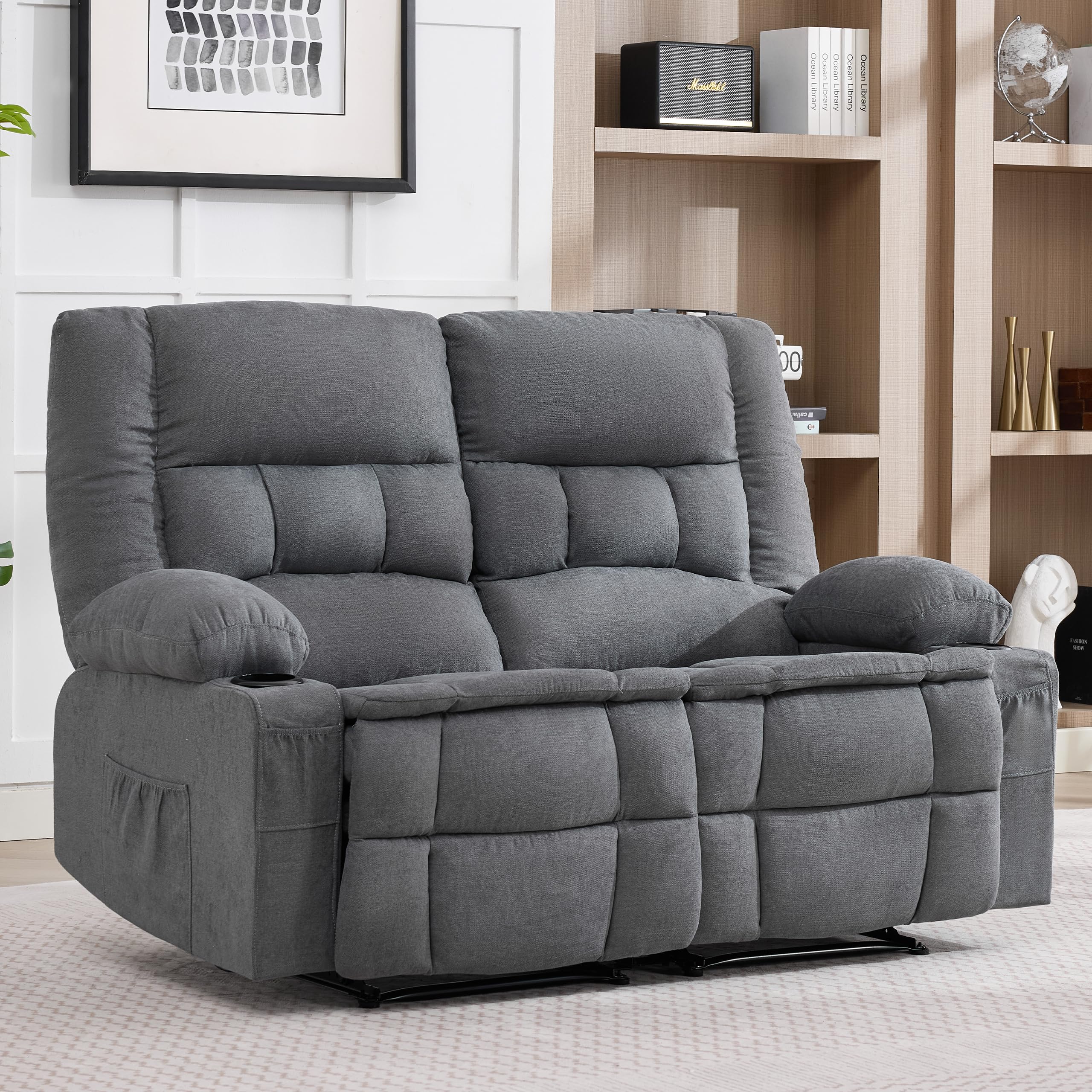 Rocker Recliner Chair with Massage and Heat, Nursery Rocking Chairs for Living Room, Ergonomic Comfy Relining Chair with Cup Holders, USB Charge Port, Side Pockets, Manual Recliner Chairs, Grey