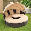 Patio Daybed Outdoor with Canopy, KD Rattan Round Sofa with Thick Cushions Throw Pillows Coffee Table All Weather Wicker Furniture Set for Pool Side Garden Outdoor (Navy Blue)