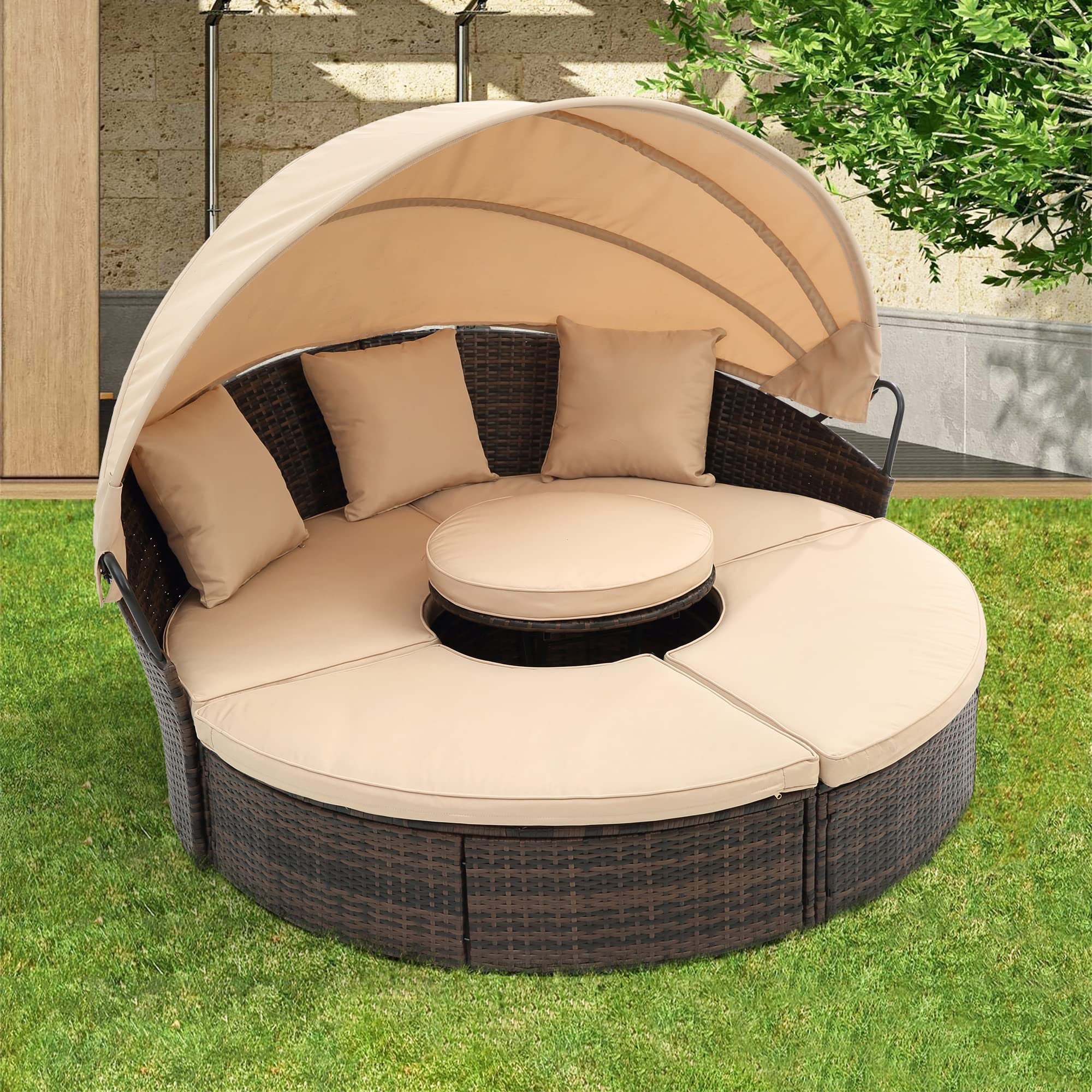 LUMISOL Outdoor Rattan Round Daybed with Canopy, Wicker Outdoor Sofa Bed with Lift Coffee Table, Sun Daybed Lounge for Balcony Garden Backyard Porch Pool, Outdoor Canopy Bed, Navy Blue
