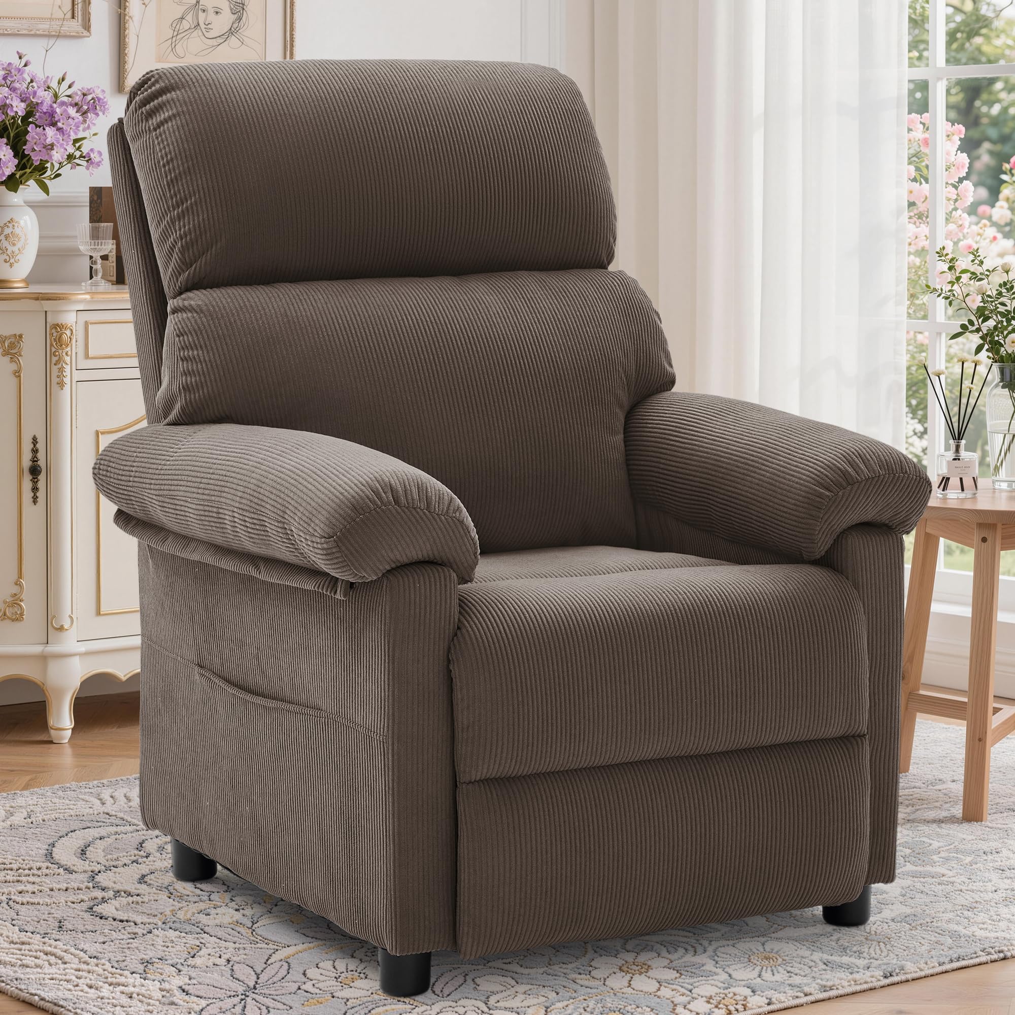 Korser Recliner Chair, Living Room Recliner Chairs for Adults, Small Recliners for Small Spaces, Upholstered Manual Reading Chair with Side Pockets, Nursery Chair for Living Room, Corduroy, Beige