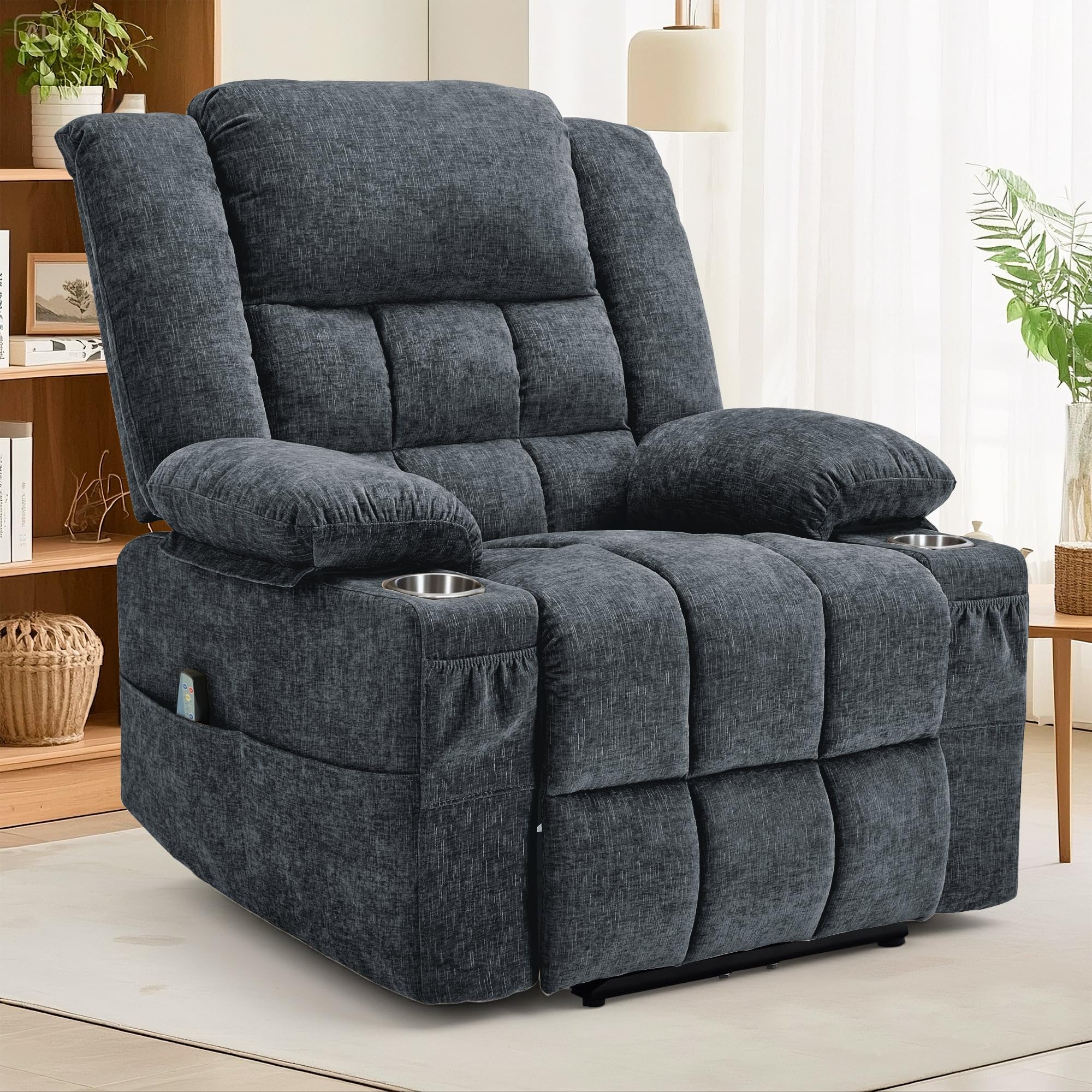 Korser 360° Swivel Rocker Recliner for Adults, Nursery Glider Recliner with Massage and Heating, Rocking Chair with Cup Holder, Manual Recliner Chair for Living Room, Bedroom (Fabric, Dark Gray)