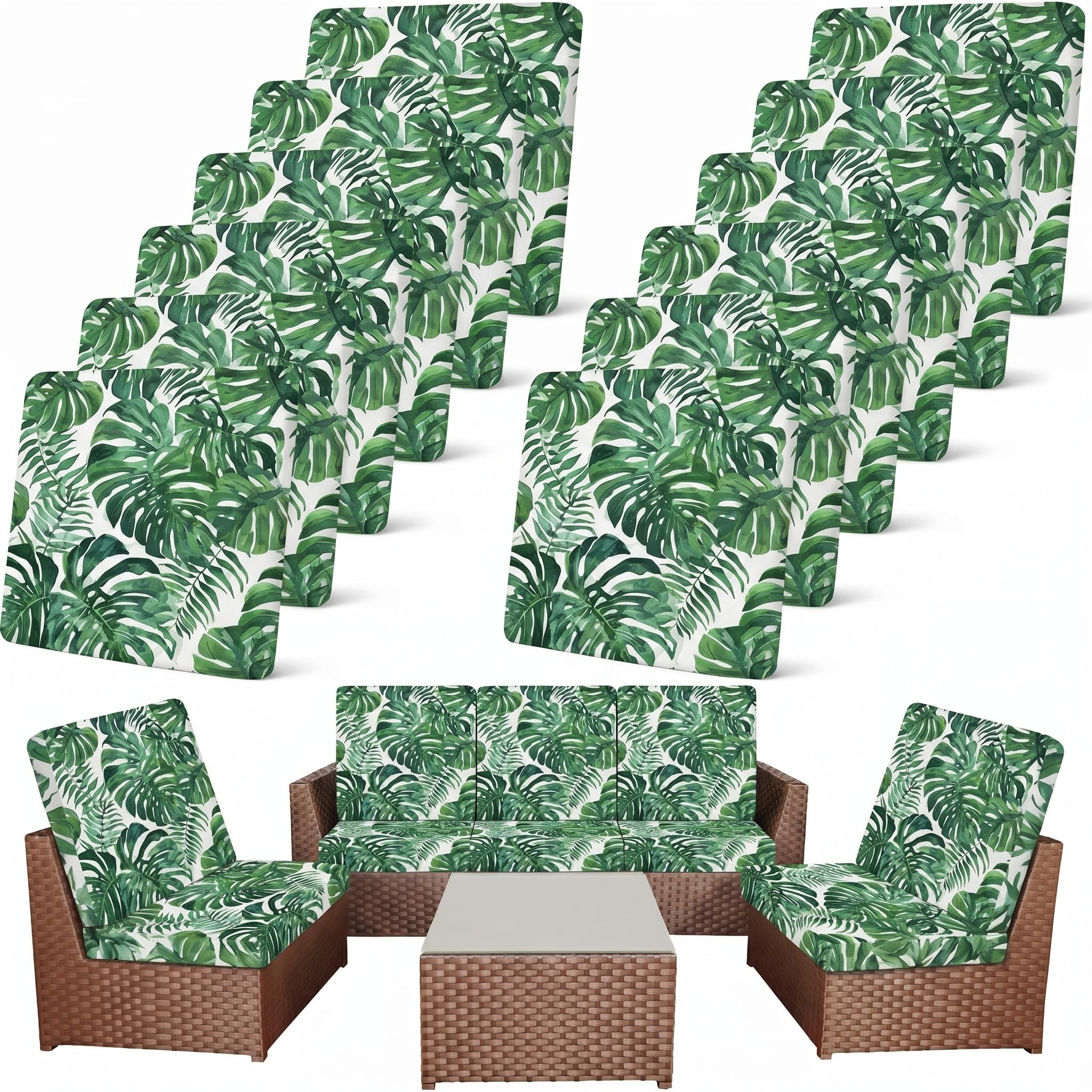 Newwiee 12 Pcs Patio Cushion Covers Outdoor Stretch Sofa Couch Cover Replacement Couch Slipcover Sofa Seat Chair Porch Patio Furniture Protector, Flexibility Washable(Colorful,Palm Leaf)