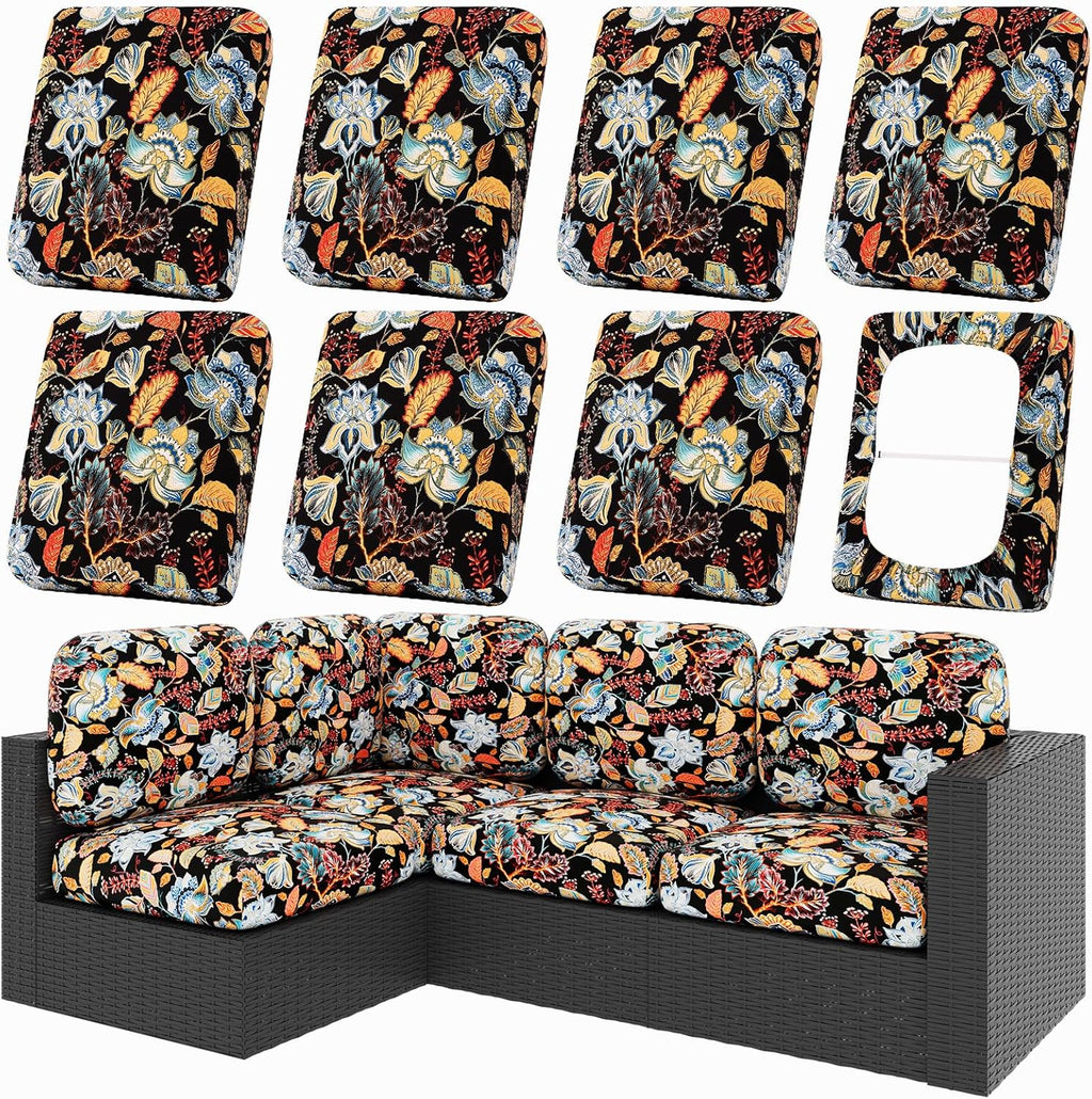 hyha 8Pcs Patio Cushion Covers, Stretch Outdoor Couch Cushion Covers Replacement, Washable Outdoor Chair/Sofa Slipcovers for Patio Furniture Cushions Protector with Elastic Bottom(Floral,Cover Only)
