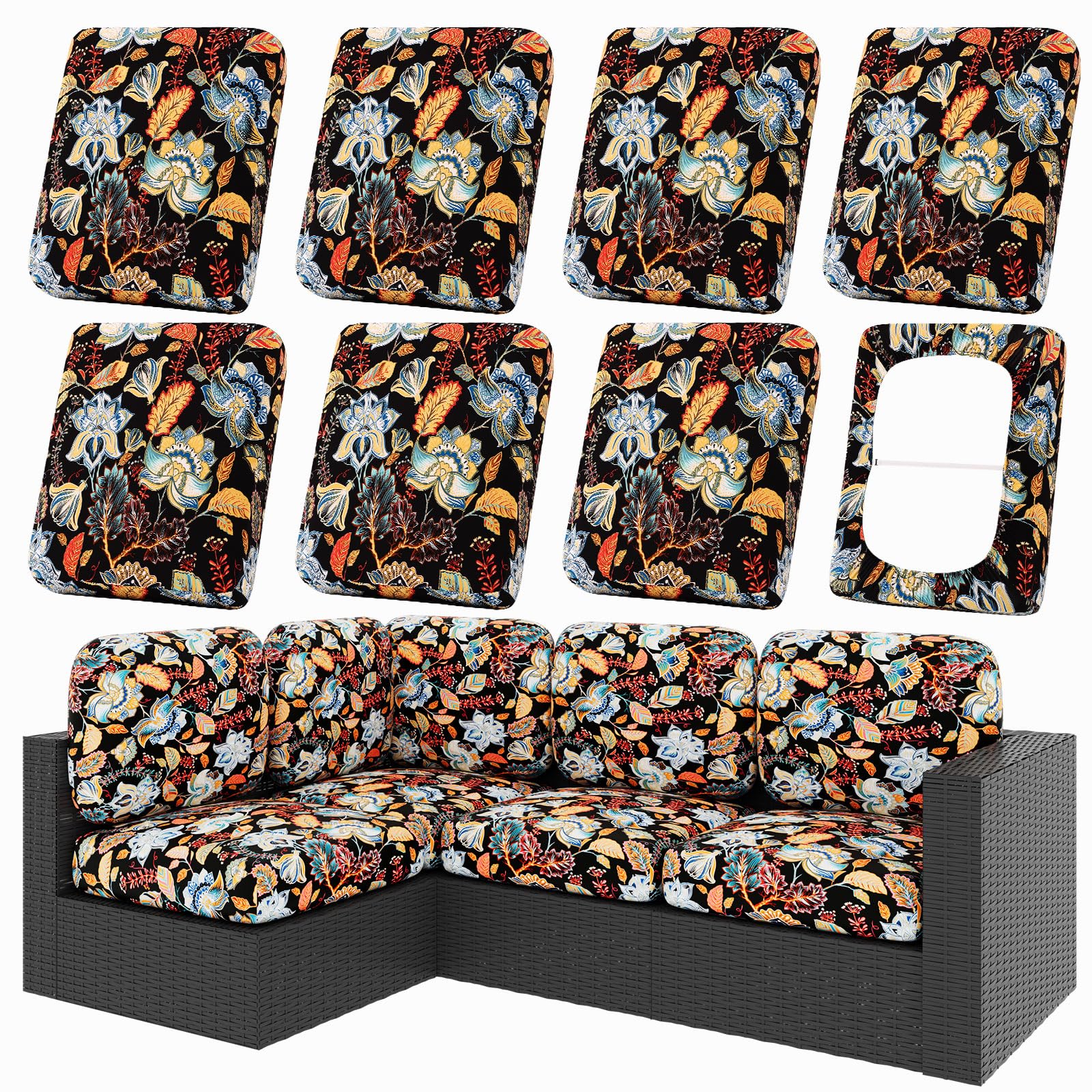 hyha 8Pcs Patio Cushion Covers, Stretch Outdoor Couch Cushion Covers Replacement, Washable Outdoor Chair/Sofa Slipcovers for Patio Furniture Cushions Protector with Elastic Bottom(Floral,Cover Only)